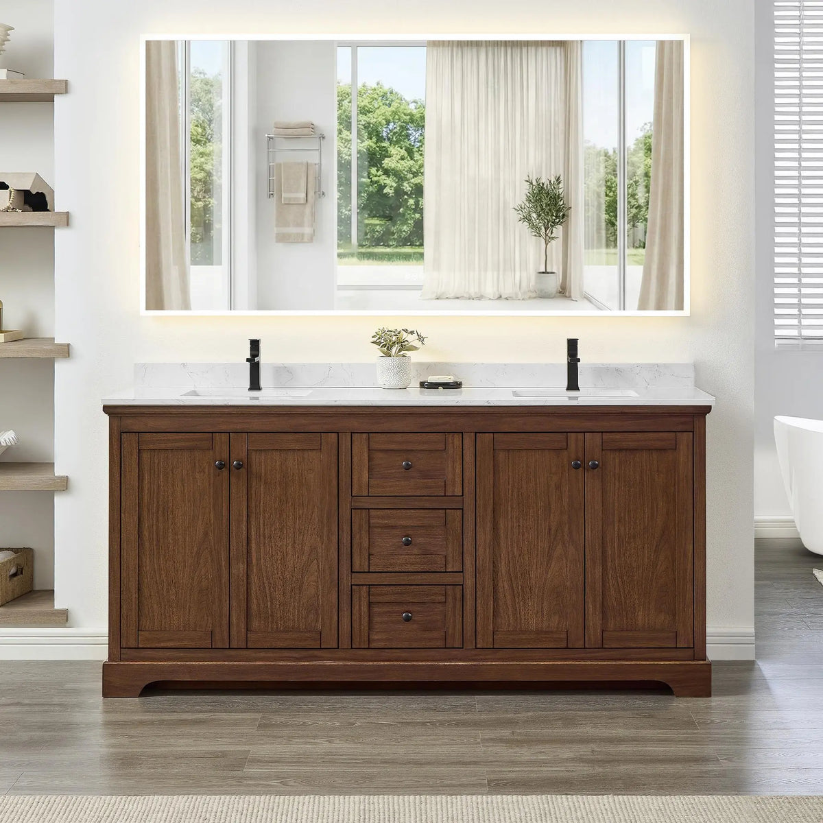 72" Avery Double Bathroom Vanity Dark Walnut Matte Black Trim by wyndham View 4