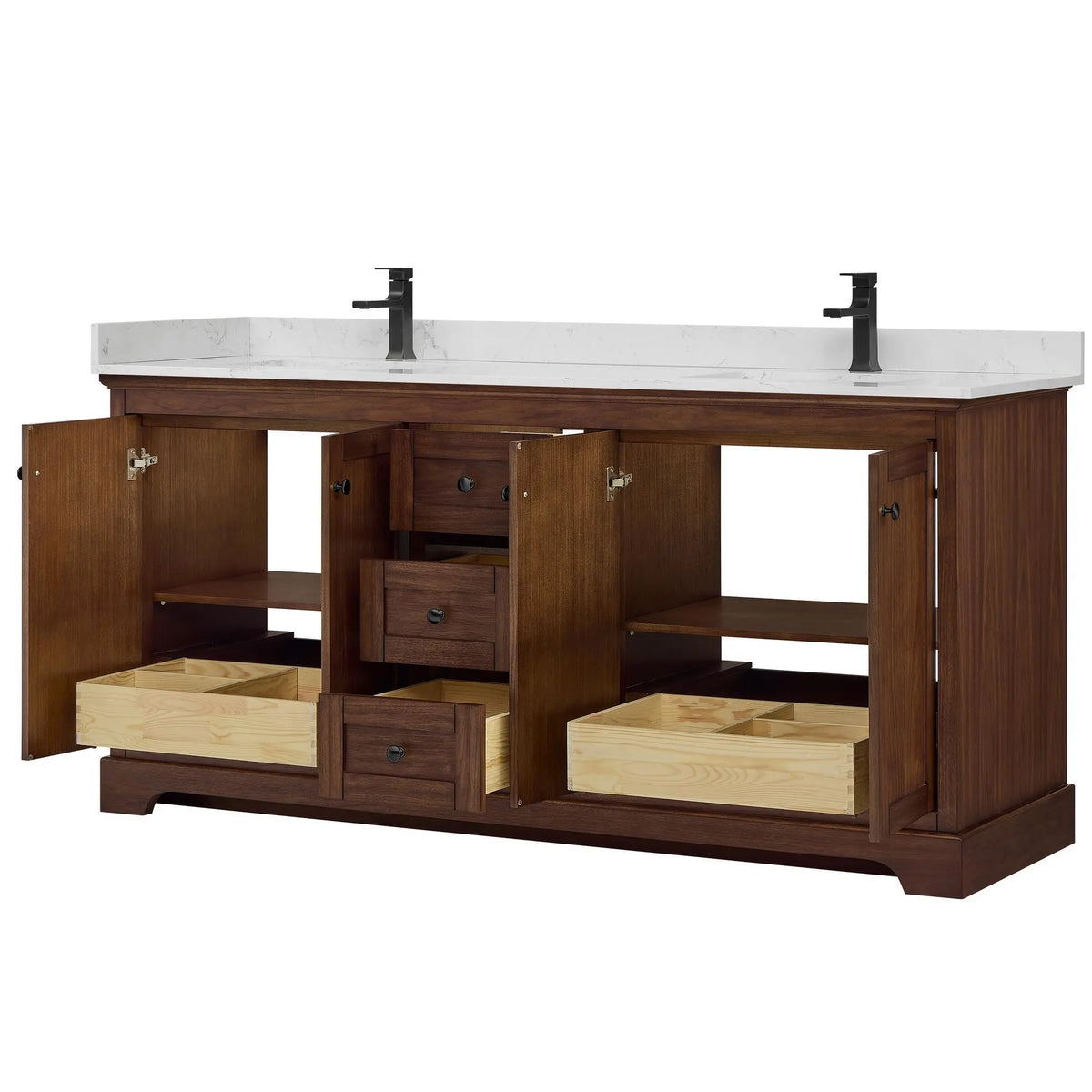 72" Avery Double Bathroom Vanity Dark Walnut Matte Black Trim by wyndham View 3