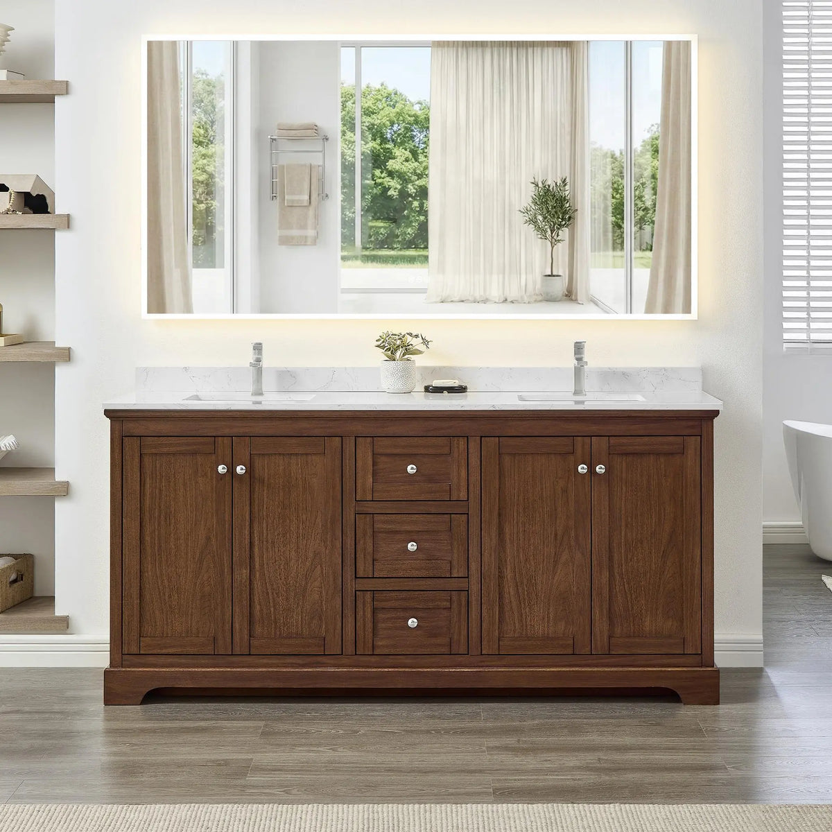 72" Avery Double Bathroom Vanity Dark Walnut Polished Chrome Trim by wyndham View 4