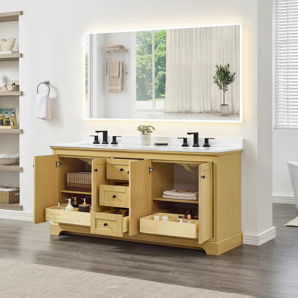72" Avery Double Bathroom Vanity Honey Oak Matte Black Trim by wyndham View 7
