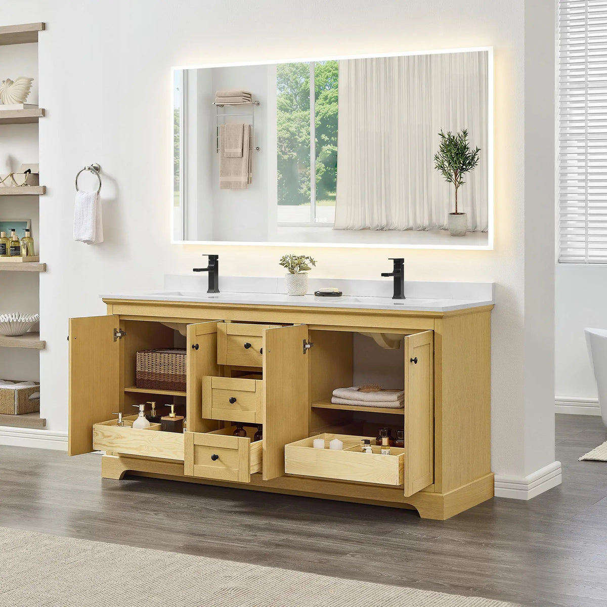 72" Avery Double Bathroom Vanity Honey Oak Matte Black Trim by wyndham View 12
