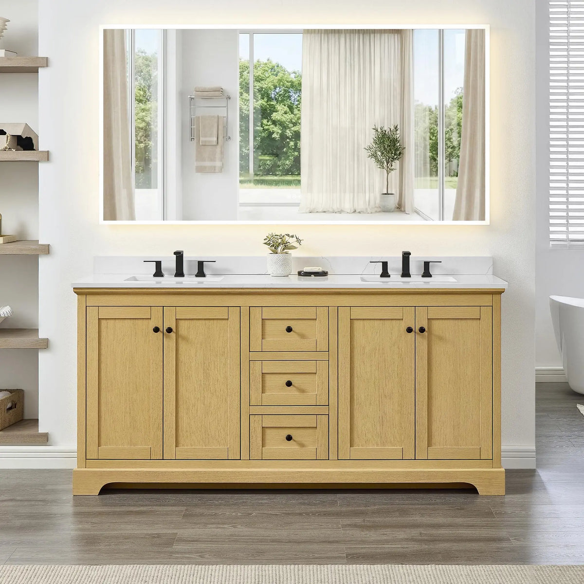 72" Avery Double Bathroom Vanity Honey Oak Matte Black Trim by wyndham View 19