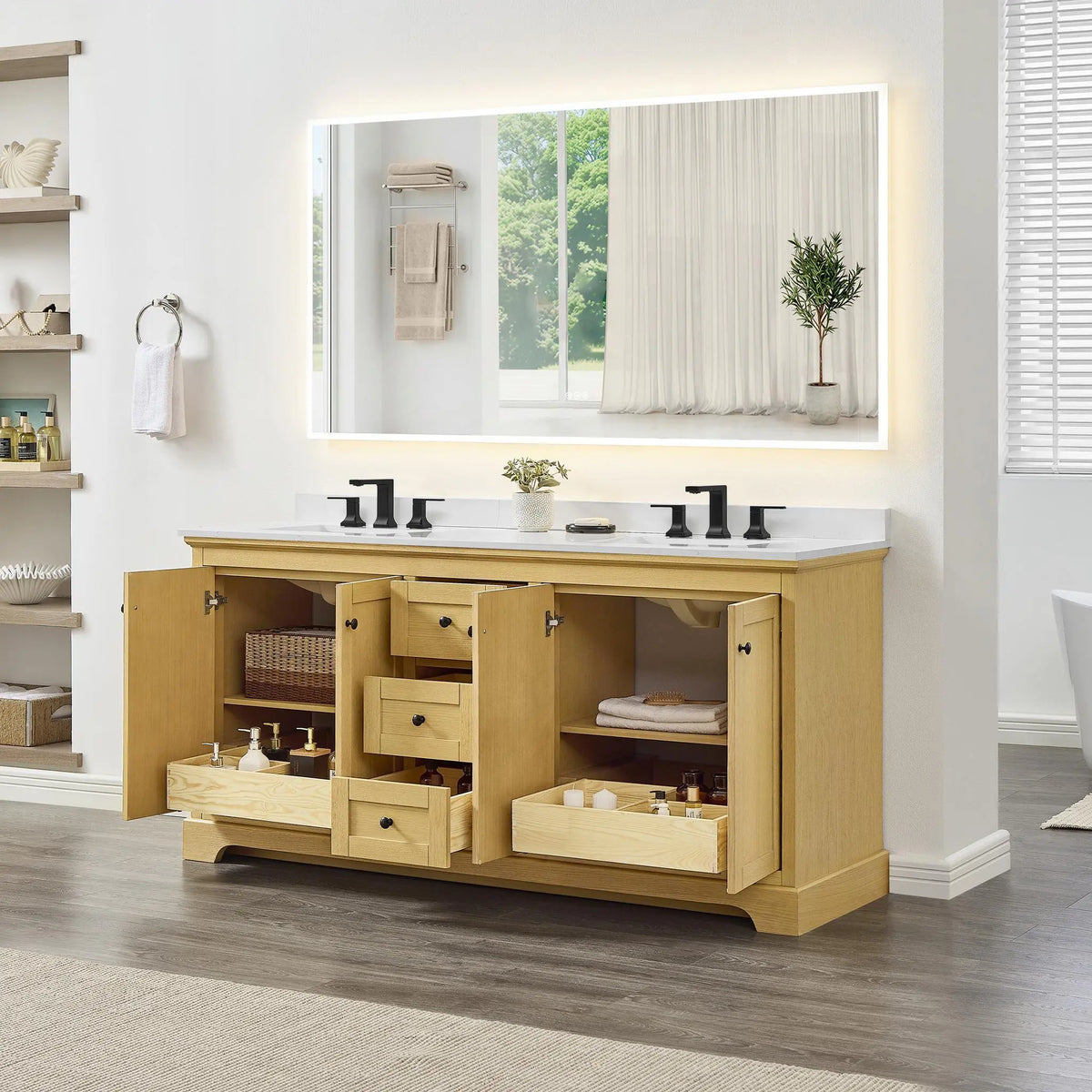 72" Avery Double Bathroom Vanity Honey Oak Matte Black Trim by wyndham View 17
