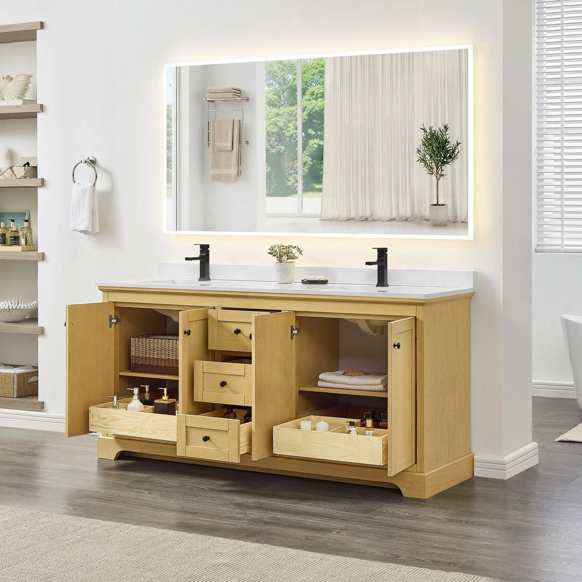 72" Avery Double Bathroom Vanity Honey Oak Matte Black Trim by wyndham View 32