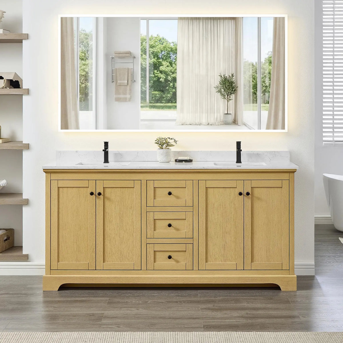 72" Avery Double Bathroom Vanity Honey Oak Matte Black Trim by wyndham View 4