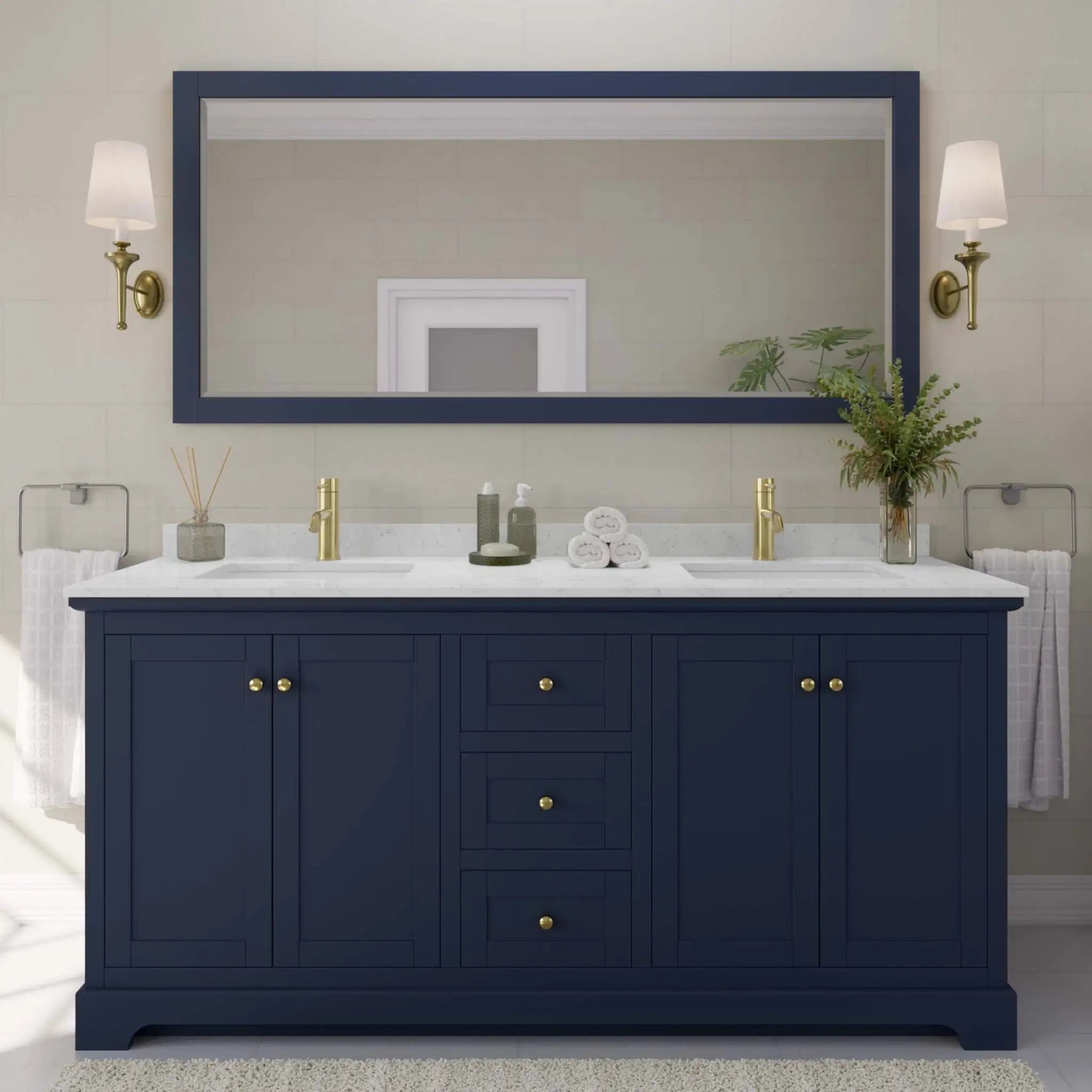 72" Avery Double Bathroom Vanity in Dark Blue with Brushed Gold Trim & 70" Mirror by Wyndham