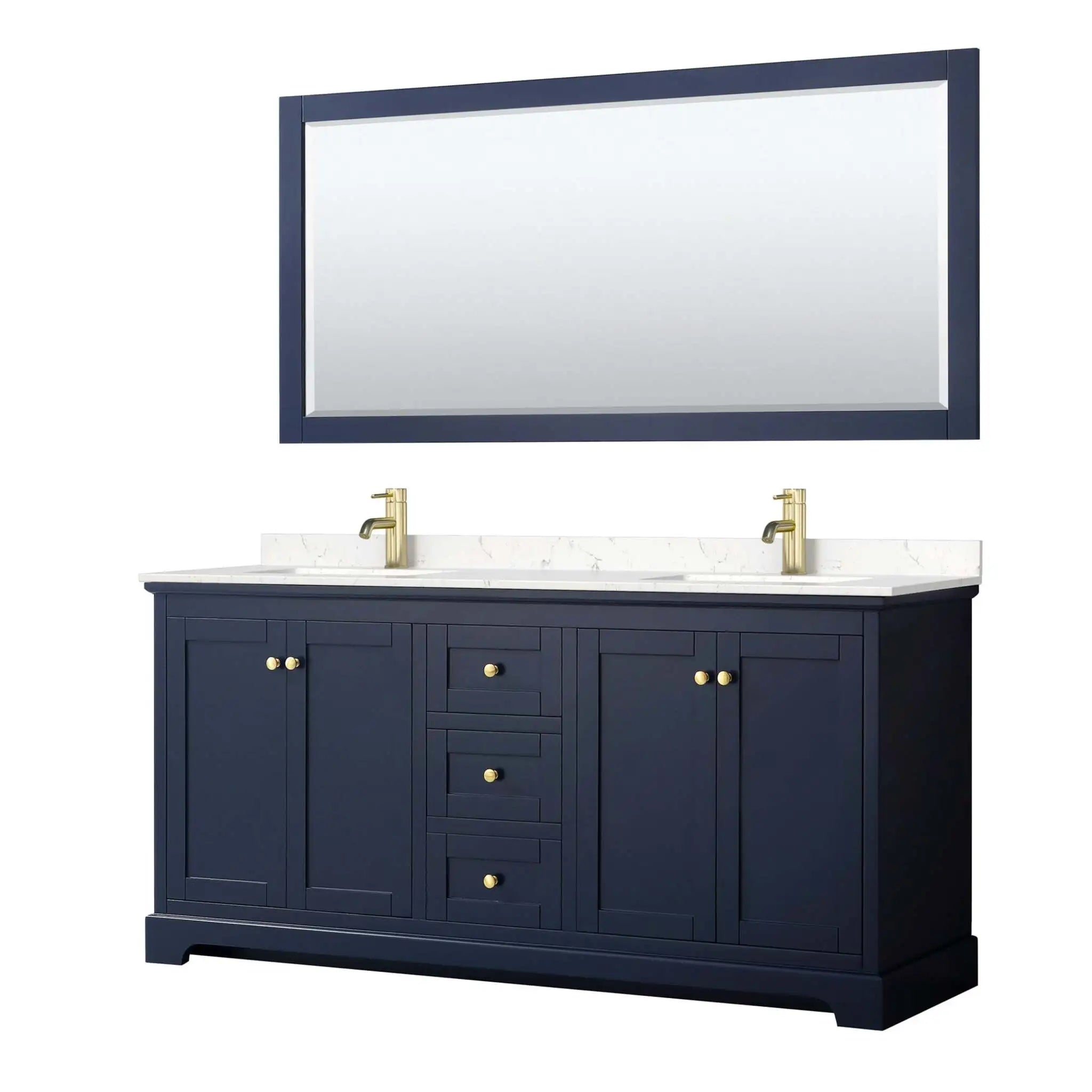 72" Avery Double Bathroom Vanity in Dark Blue with Brushed Gold Trim & 70" Mirror by Wyndham