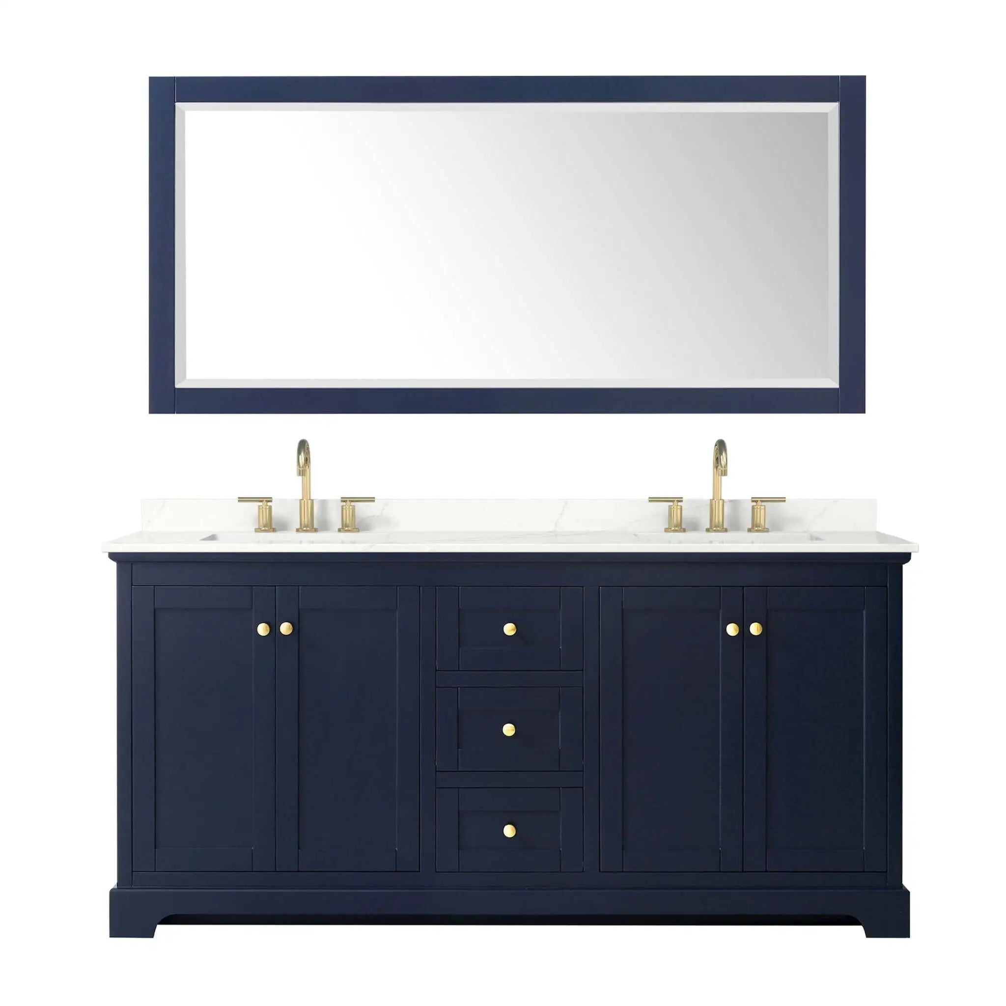 72" Avery Double Bathroom Vanity in Dark Blue with Brushed Gold Trim & 70" Mirror by Wyndham