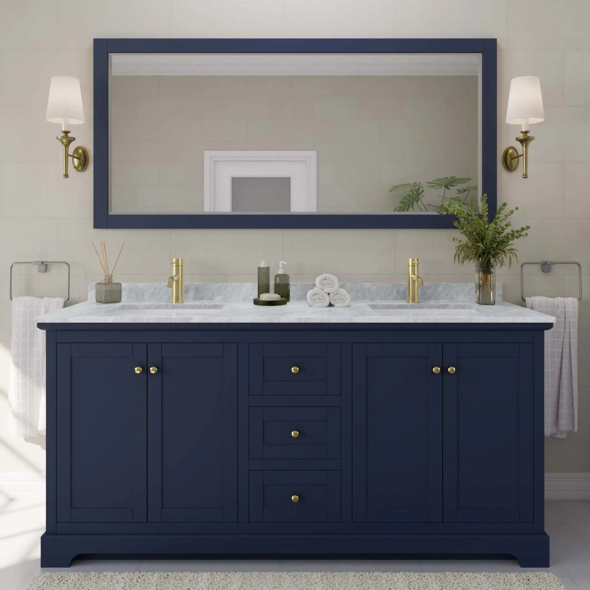72" Avery Double Bathroom Vanity in Dark Blue with Brushed Gold Trim & 70" Mirror by Wyndham