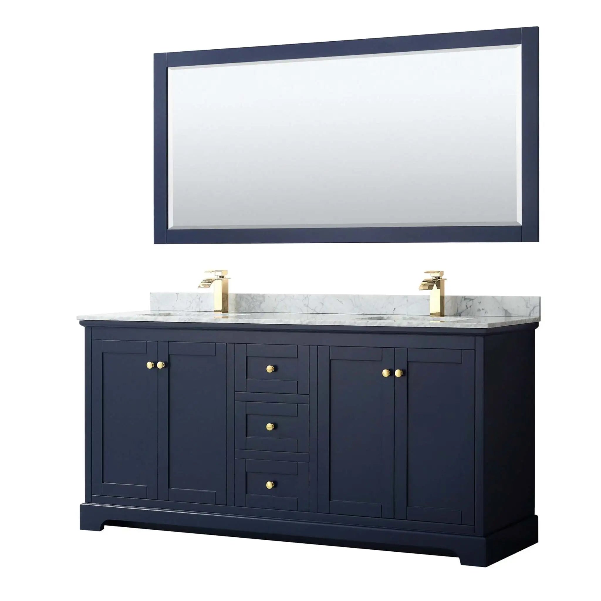 72" Avery Double Bathroom Vanity in Dark Blue with Brushed Gold Trim & 70" Mirror by Wyndham