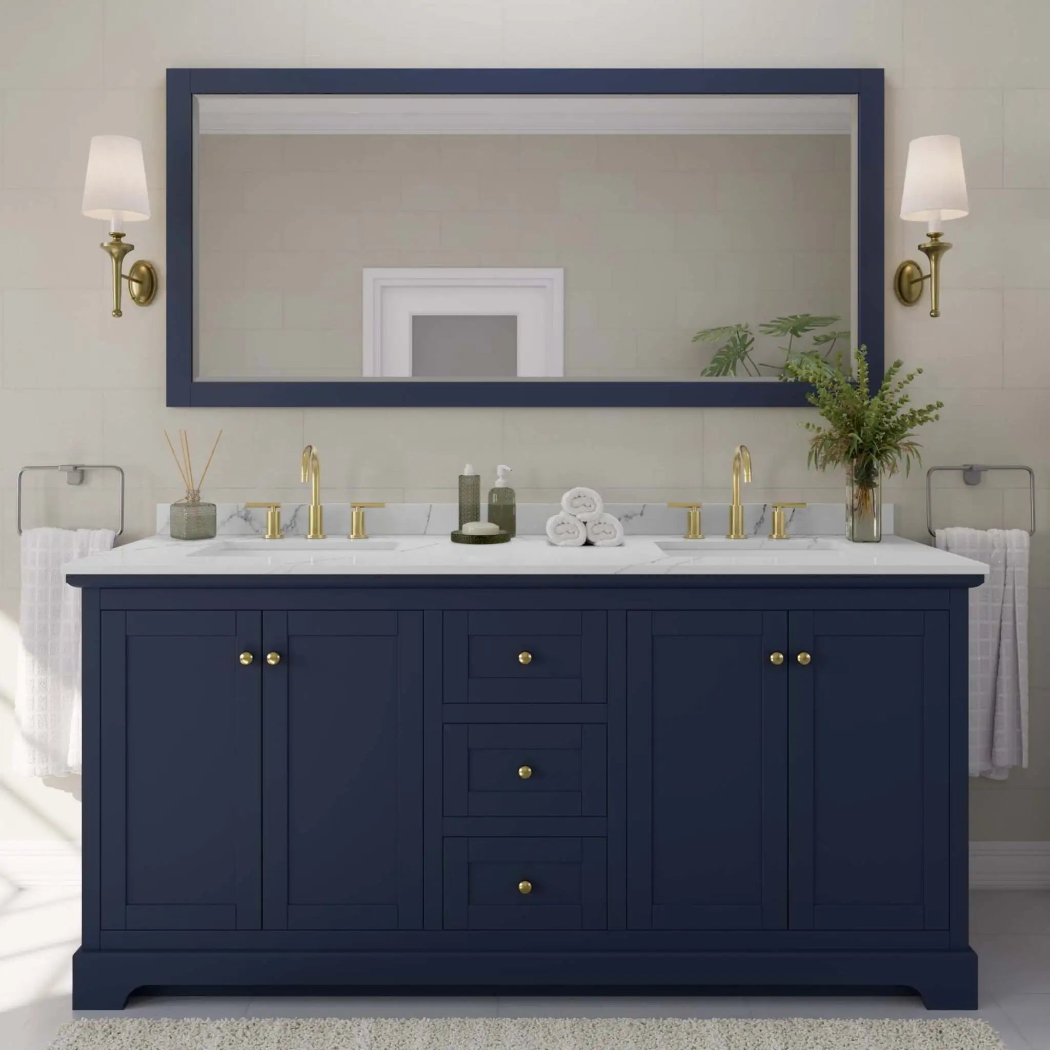 72" Avery Double Bathroom Vanity in Dark Blue with Brushed Gold Trim by Wyndham