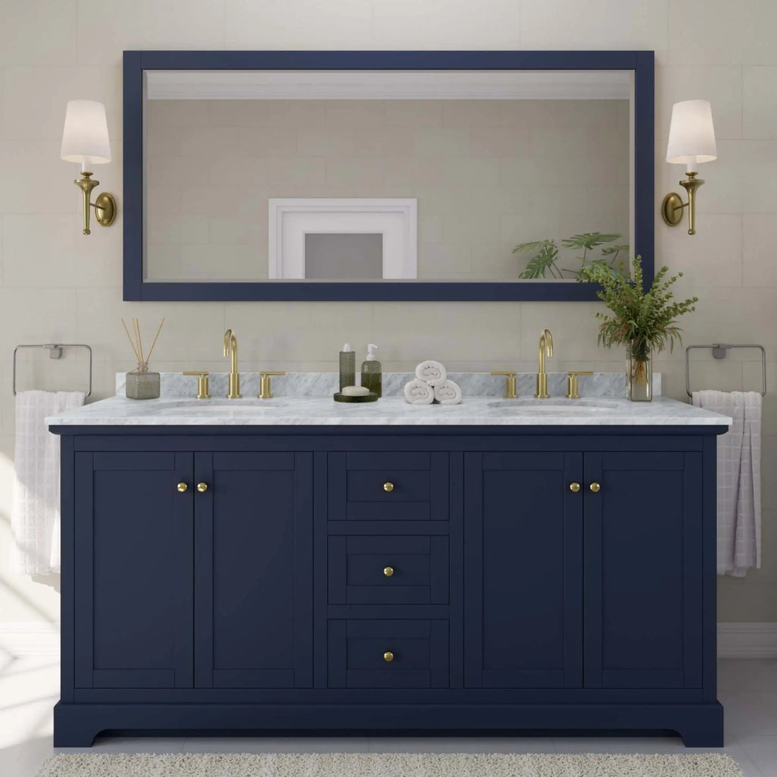 72" Avery Double Bathroom Vanity in Dark Blue with Brushed Gold Trim by Wyndham