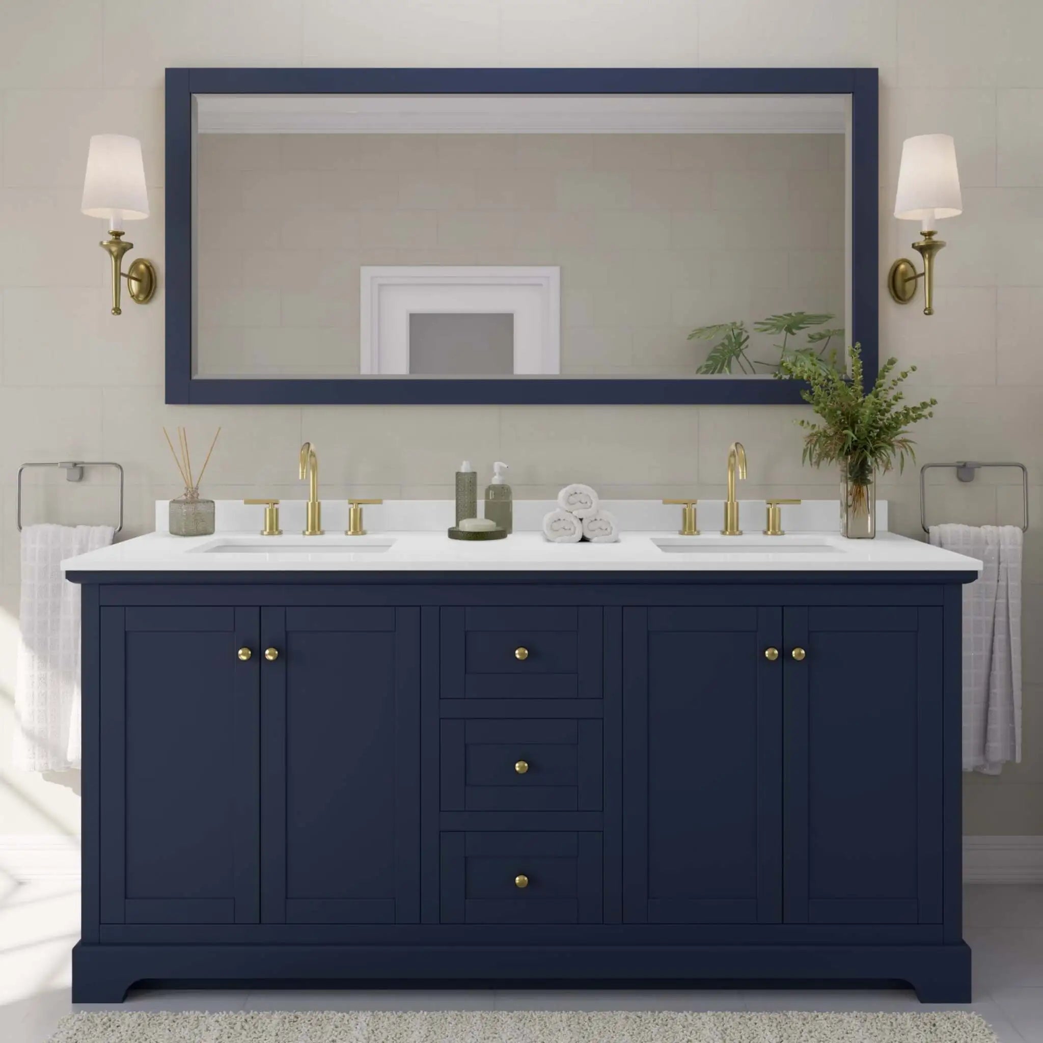 72" Avery Double Bathroom Vanity in Dark Blue with Brushed Gold Trim by Wyndham
