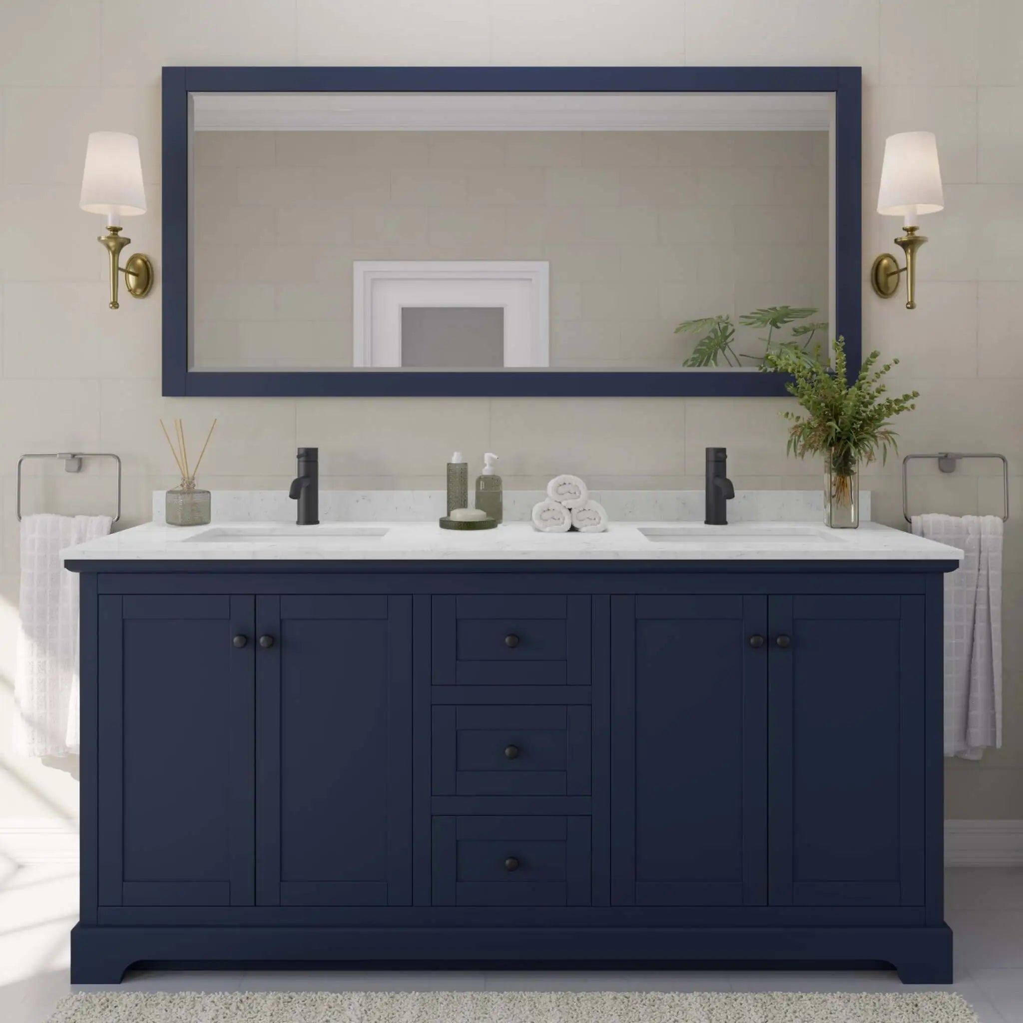 72" Avery Double Bathroom Vanity in Dark Blue with Matte Black Trim & 70" Mirror by Wyndham