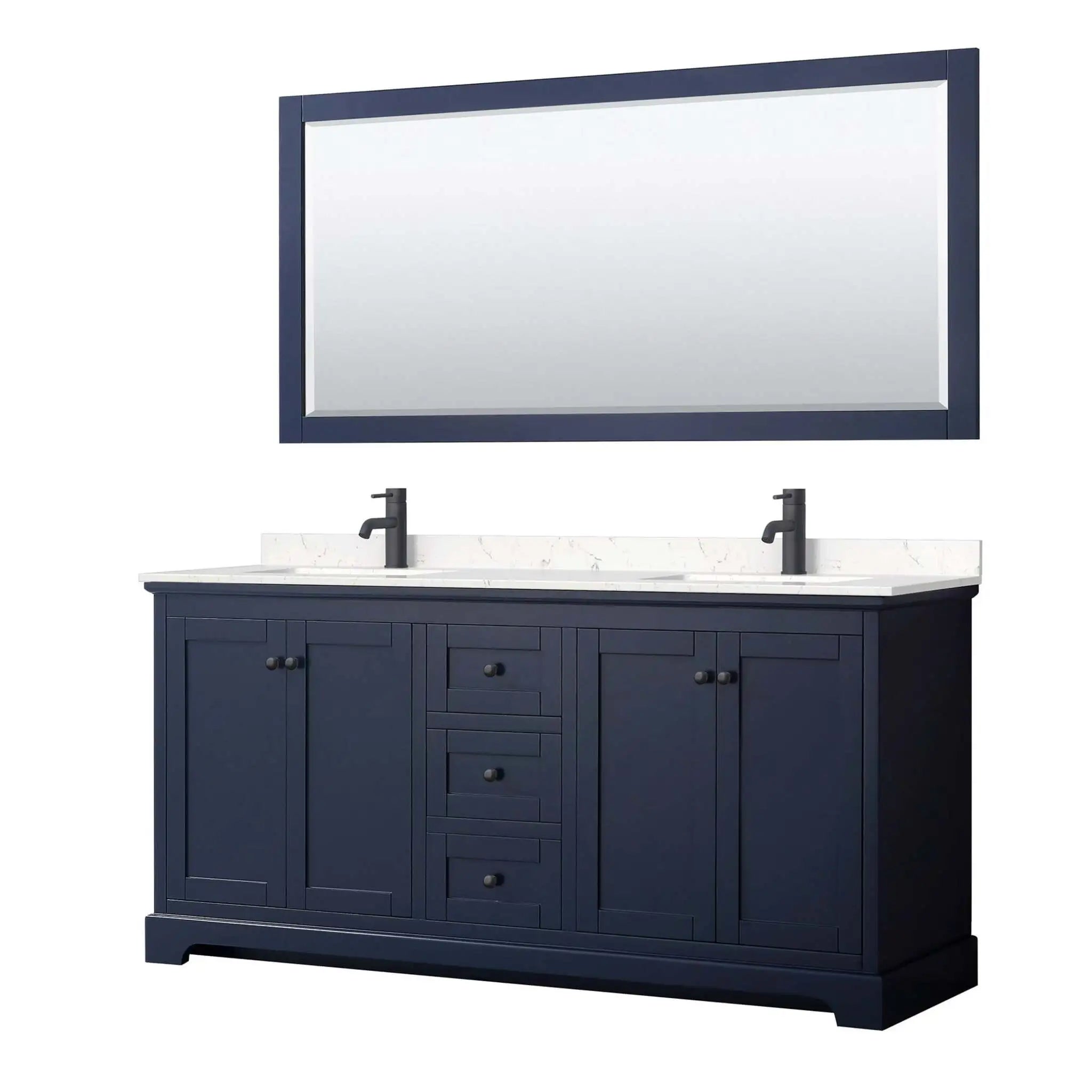 72" Avery Double Bathroom Vanity in Dark Blue with Matte Black Trim & 70" Mirror by Wyndham