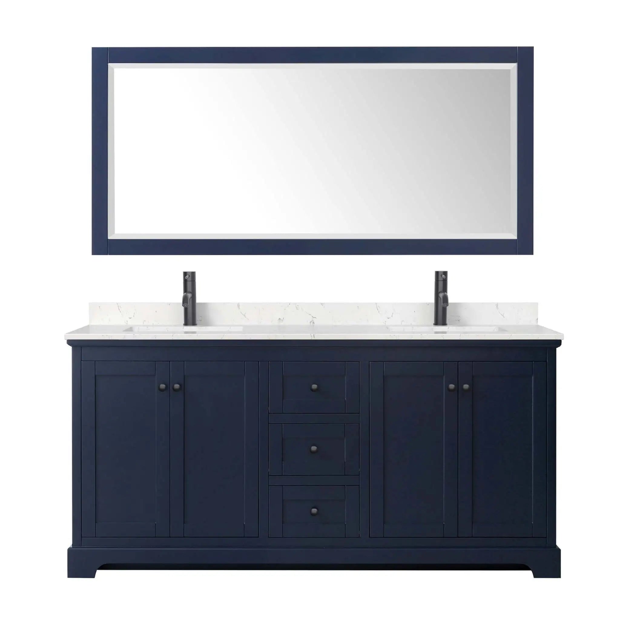 72" Avery Double Bathroom Vanity in Dark Blue with Matte Black Trim & 70" Mirror by Wyndham