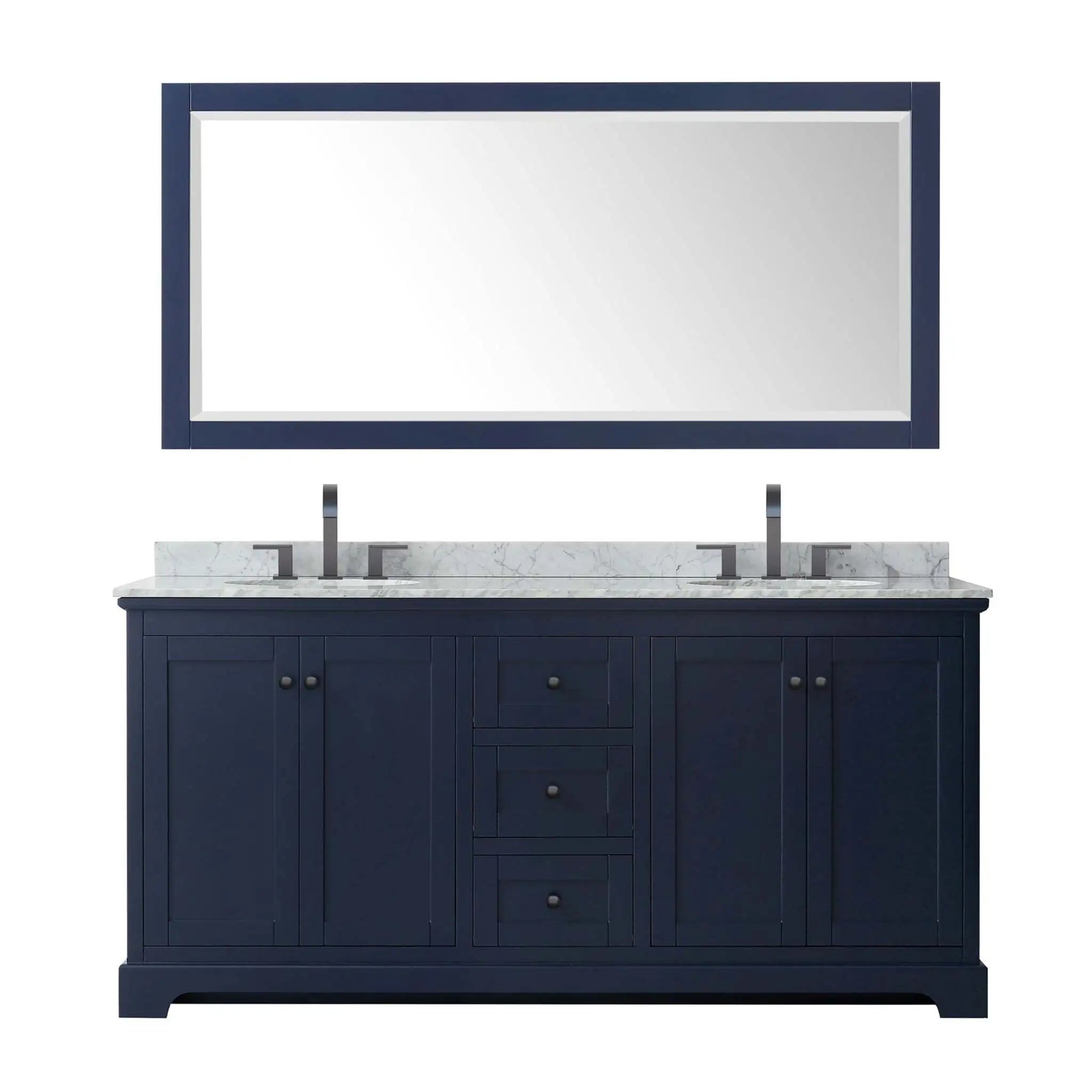 72" Avery Double Bathroom Vanity in Dark Blue with Matte Black Trim & 70" Mirror by Wyndham