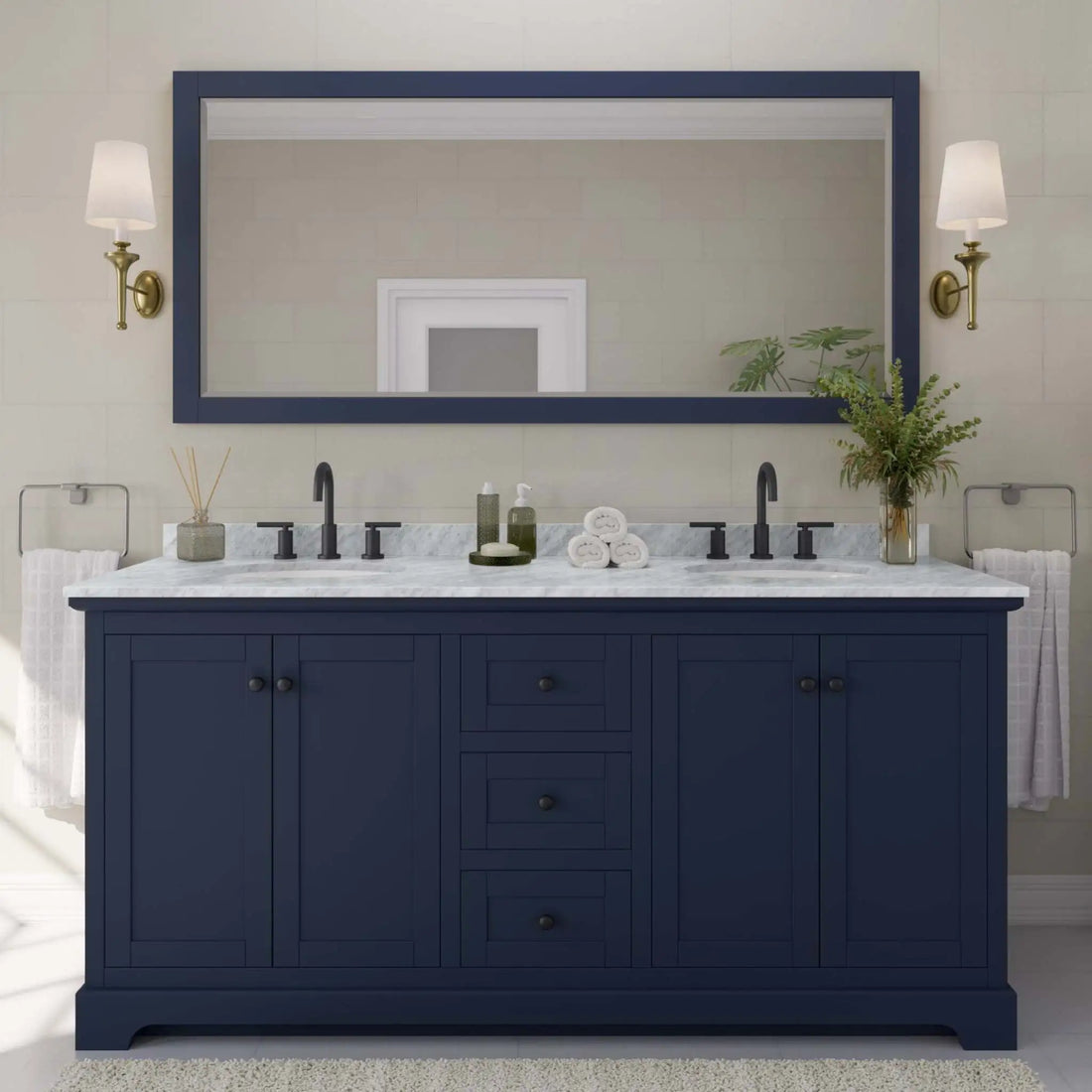 72" Avery Double Bathroom Vanity in Dark Blue with Matte Black Trim & 70" Mirror by Wyndham