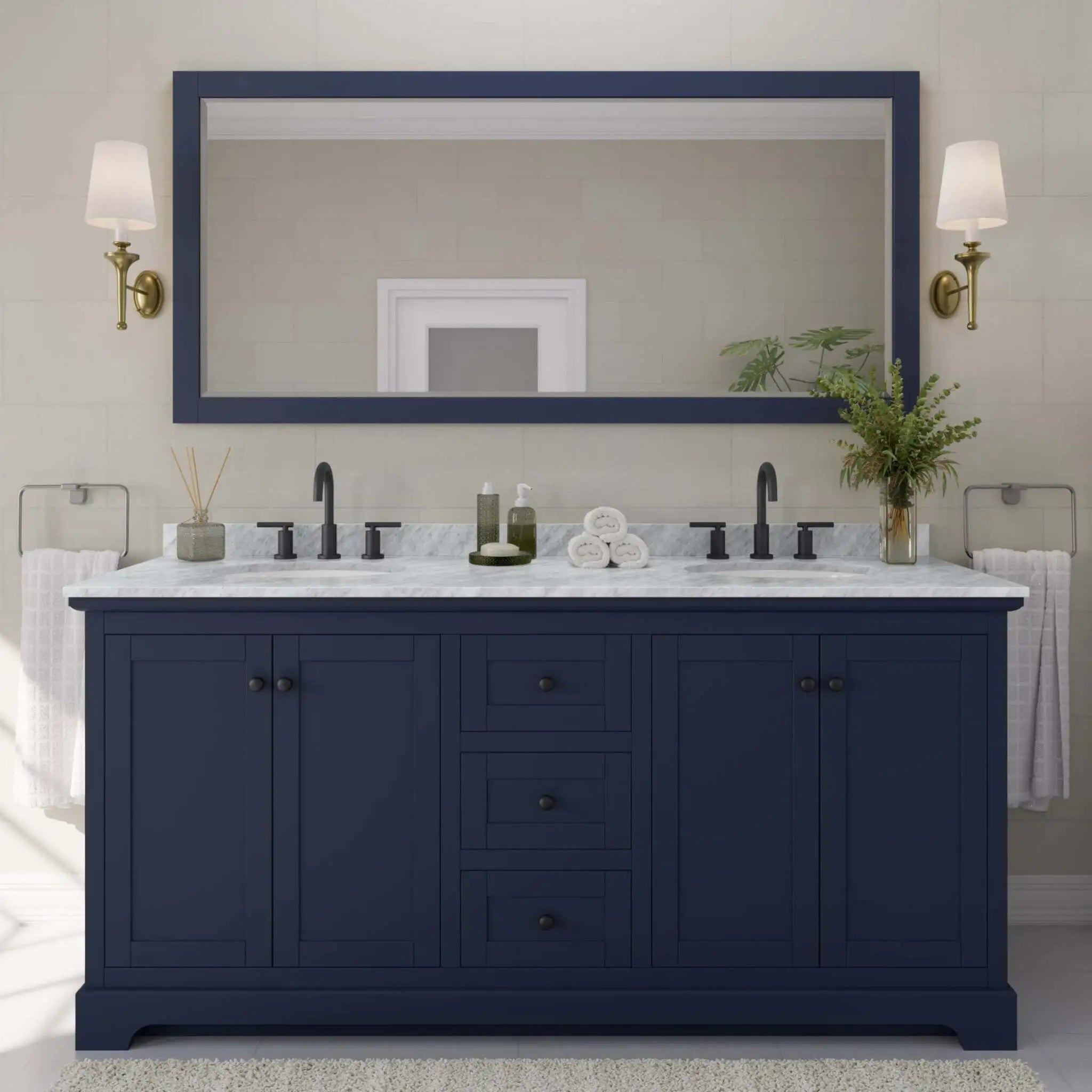 72" Avery Double Bathroom Vanity in Dark Blue with Matte Black Trim & 70" Mirror by Wyndham