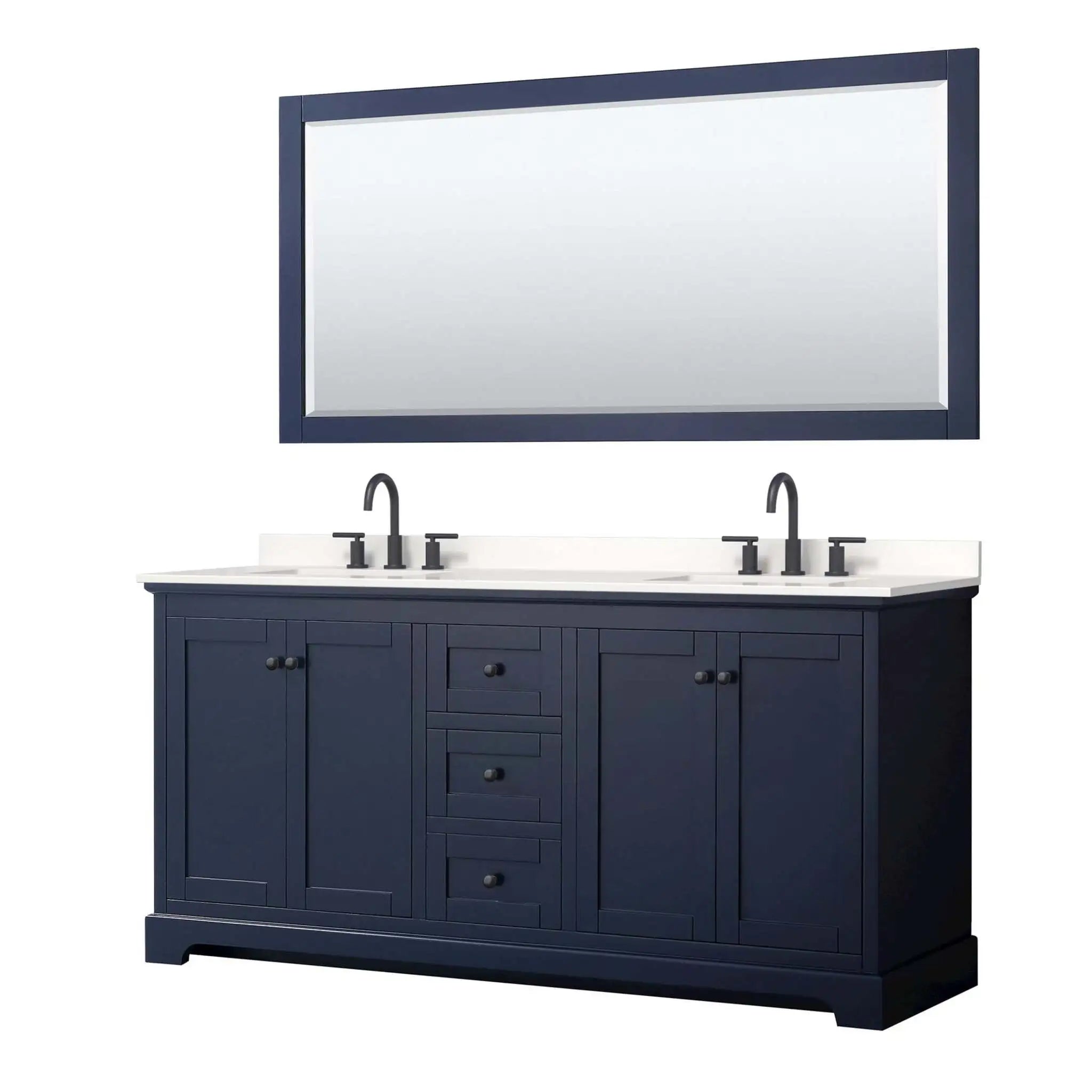 72" Avery Double Bathroom Vanity in Dark Blue with Matte Black Trim & 70" Mirror by Wyndham