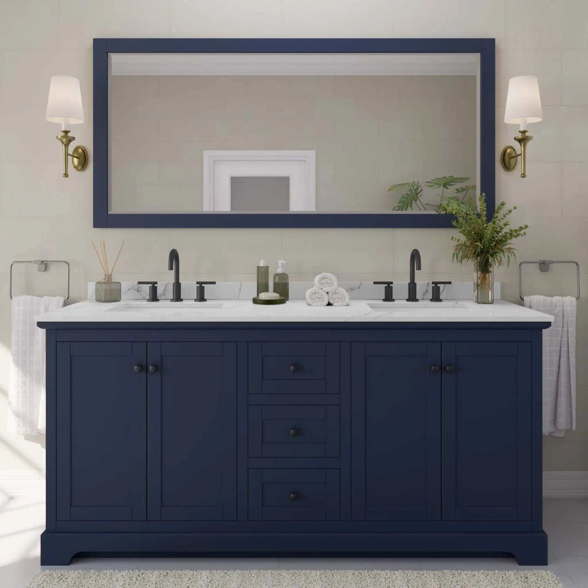 72" Avery Double Bathroom Vanity in Dark Blue with Matte Black Trim by Wyndham