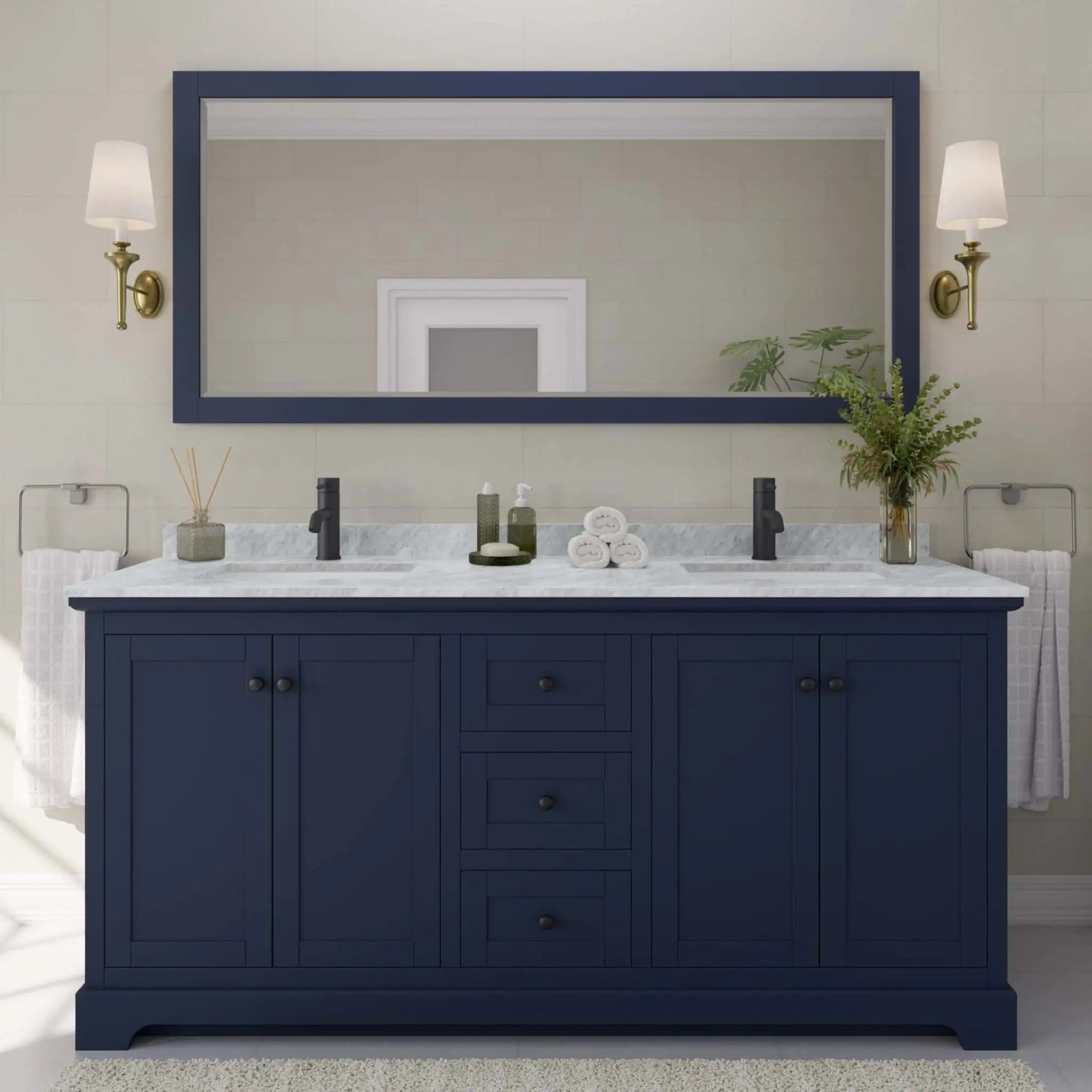 72" Avery Double Bathroom Vanity in Dark Blue with Matte Black Trim by Wyndham