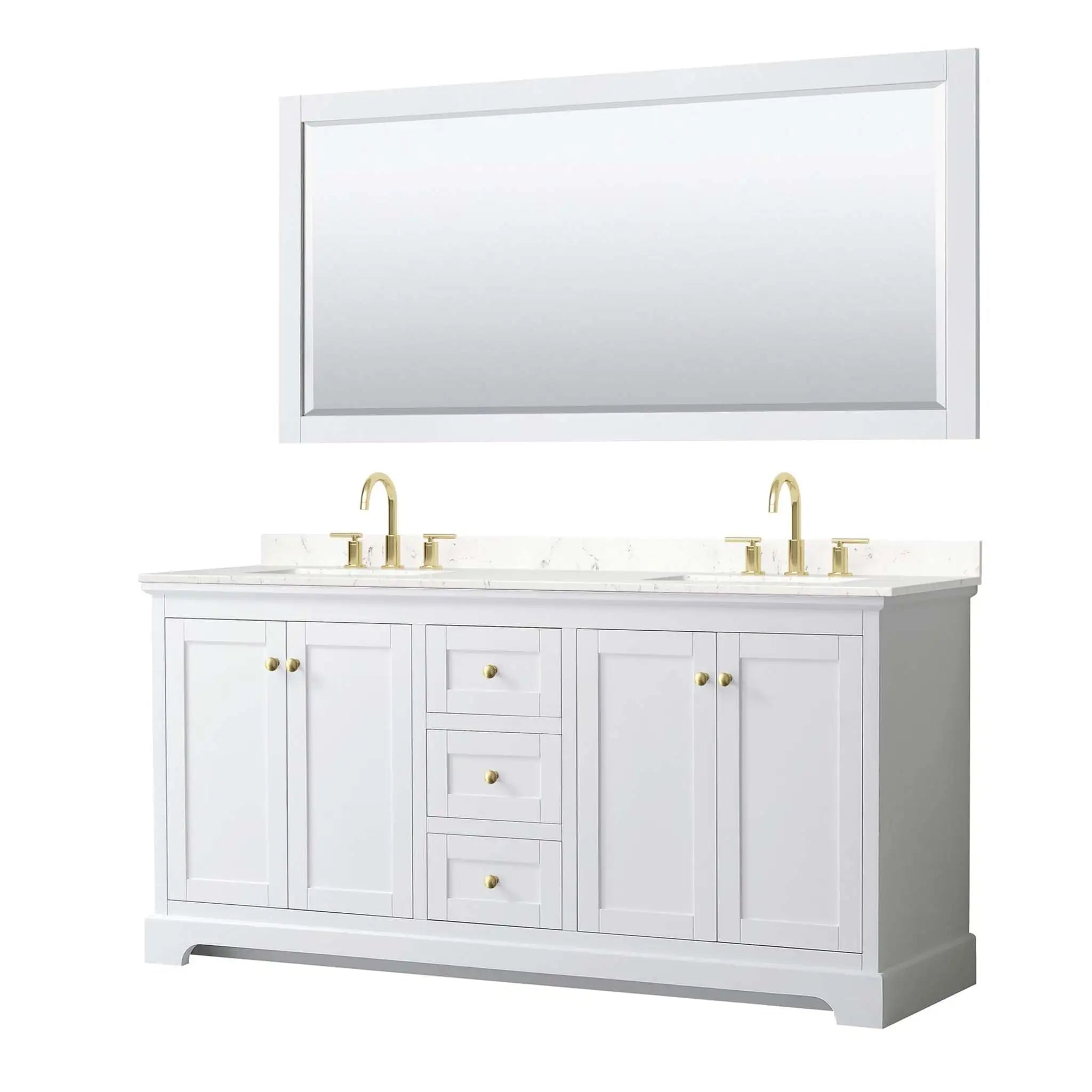 72" Avery Double Bathroom Vanity in White with Brushed Gold Trim & 70" Mirror by Wyndham