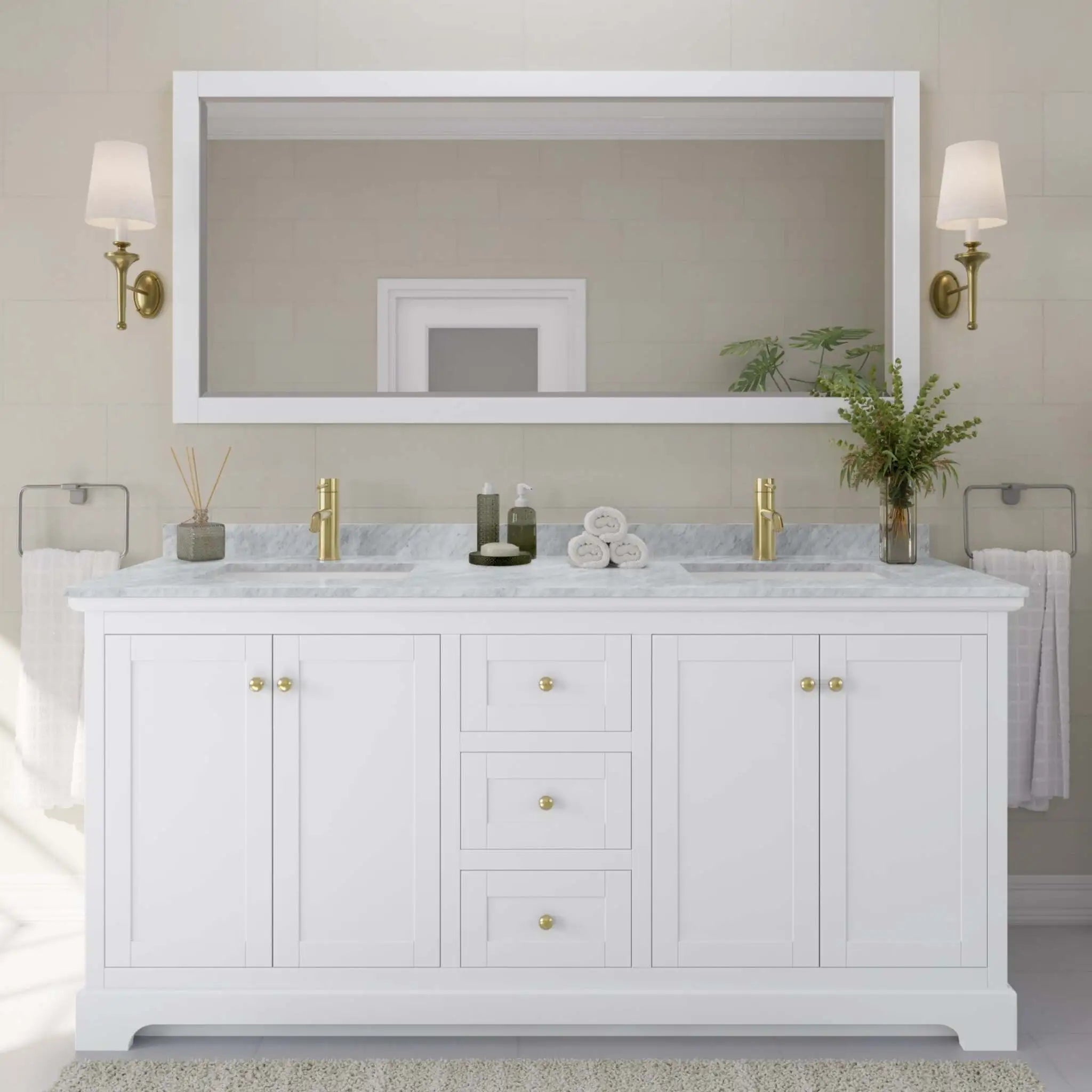 72" Avery Double Bathroom Vanity in White with Brushed Gold Trim & 70" Mirror by Wyndham
