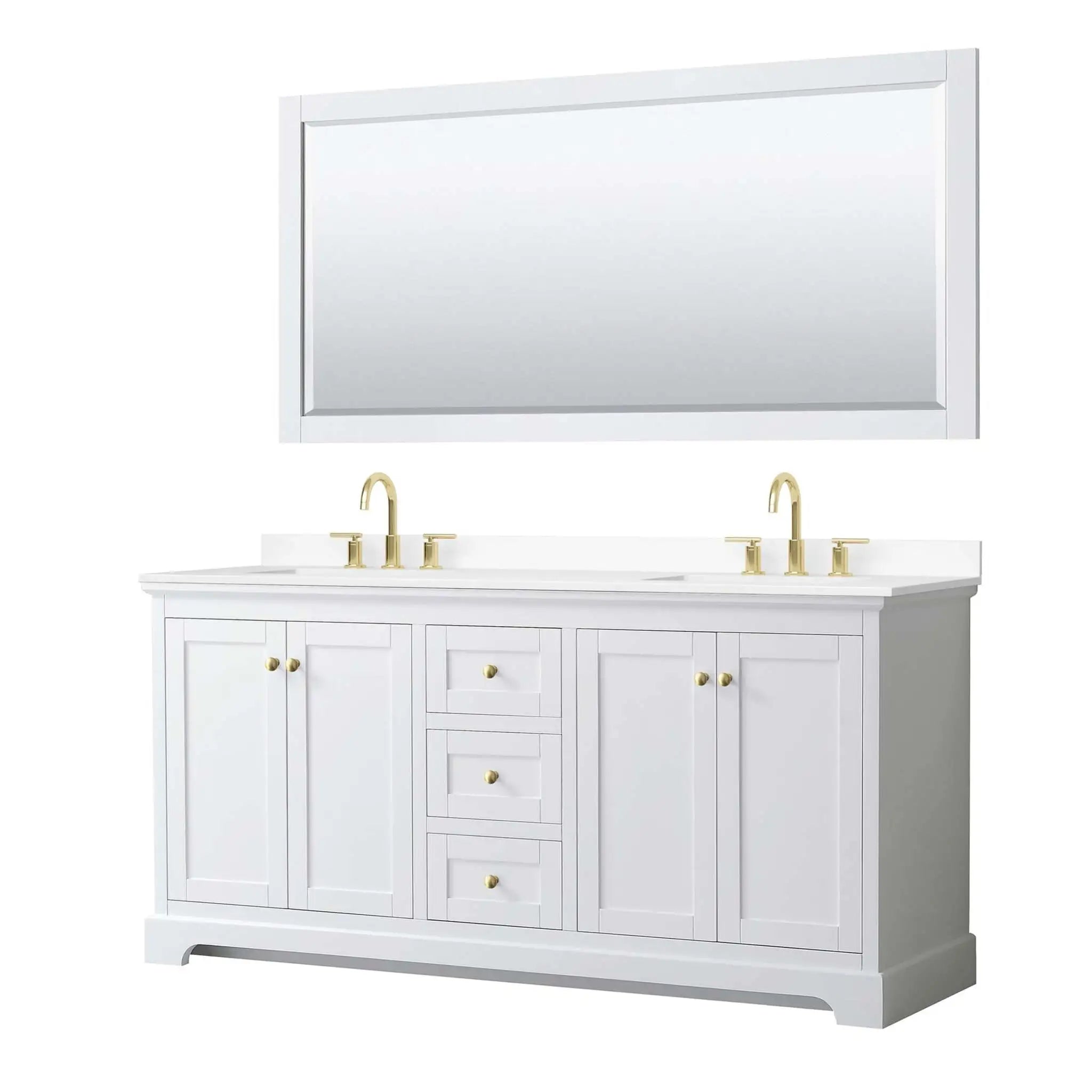 72" Avery Double Bathroom Vanity in White with Brushed Gold Trim & 70" Mirror by Wyndham