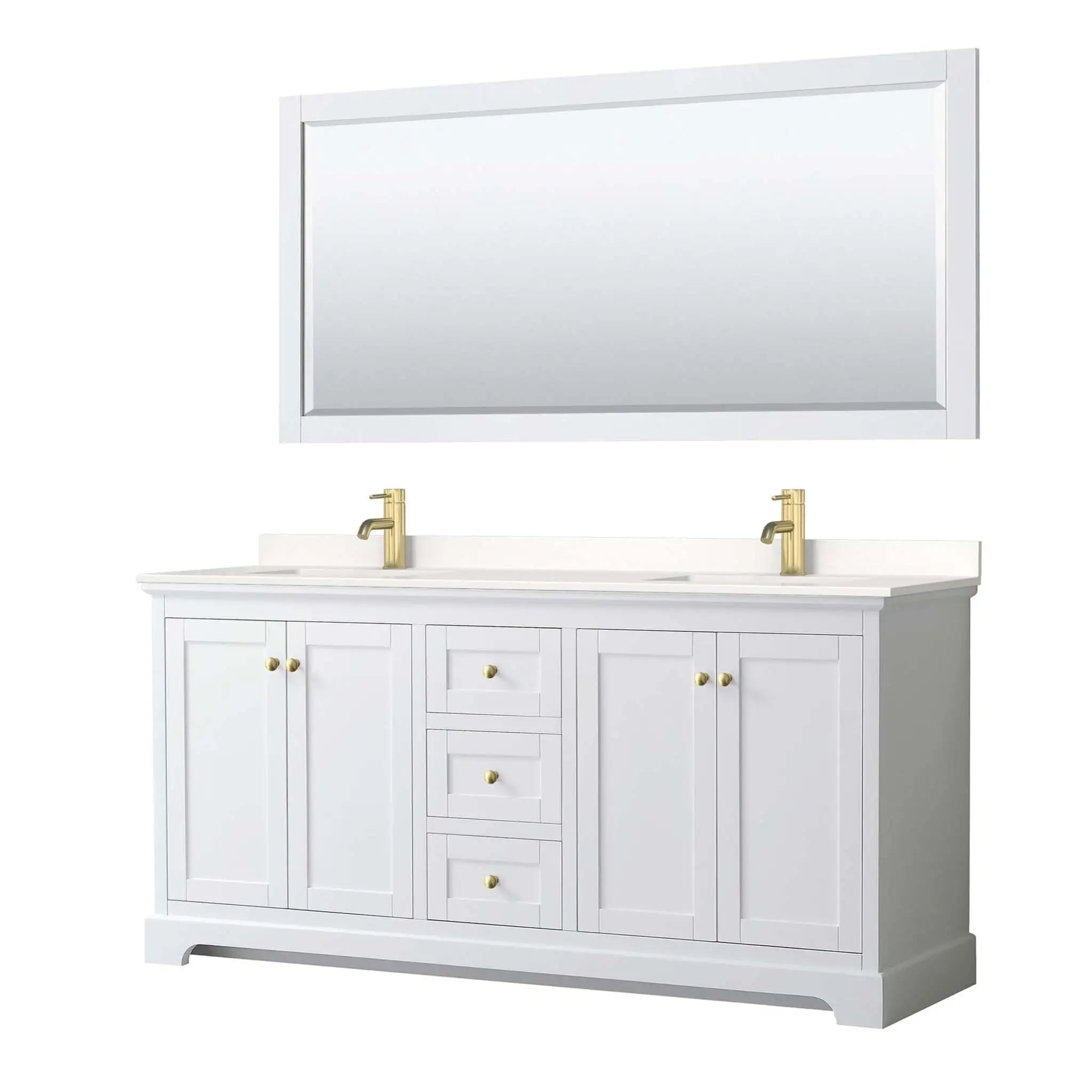 72" Avery Double Bathroom Vanity in White with Brushed Gold Trim & 70" Mirror by Wyndham