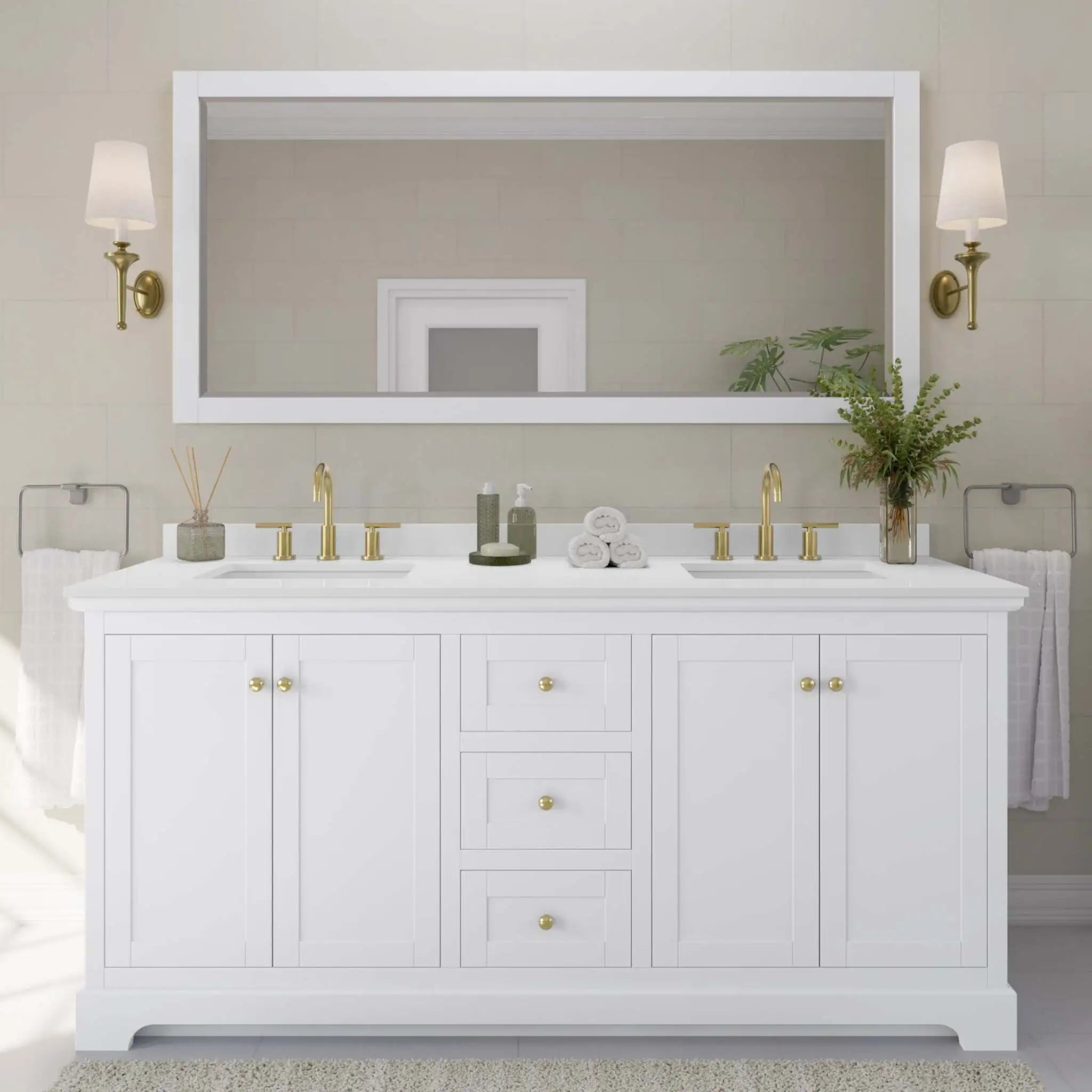 72" Avery Double Bathroom Vanity in White with Brushed Gold Trim & 70" Mirror by Wyndham