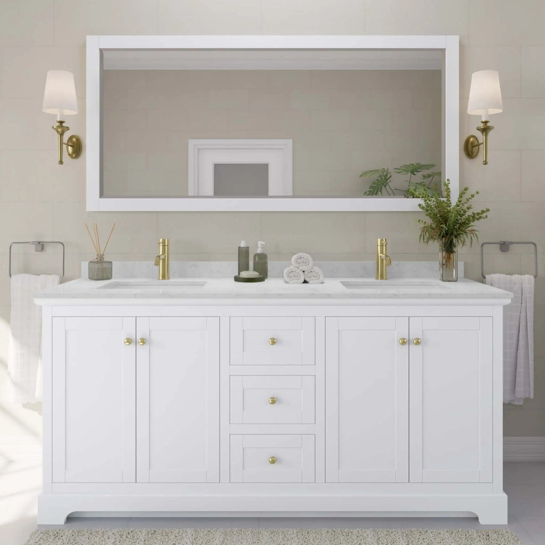 72" Avery Double Bathroom Vanity in White with Brushed Gold Trim by Wyndham