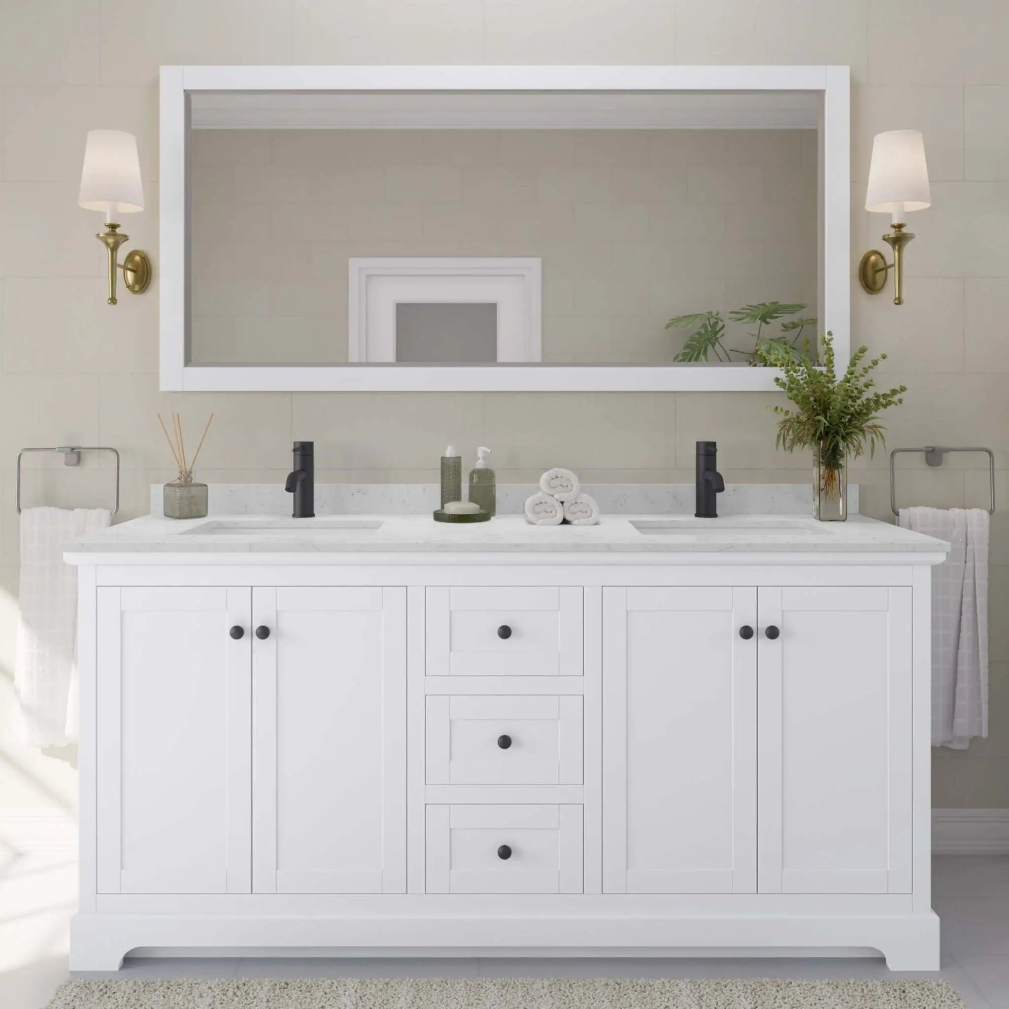 72" Avery Double Bathroom Vanity in White with Matte Black Trim & 70" Mirror by Wyndham