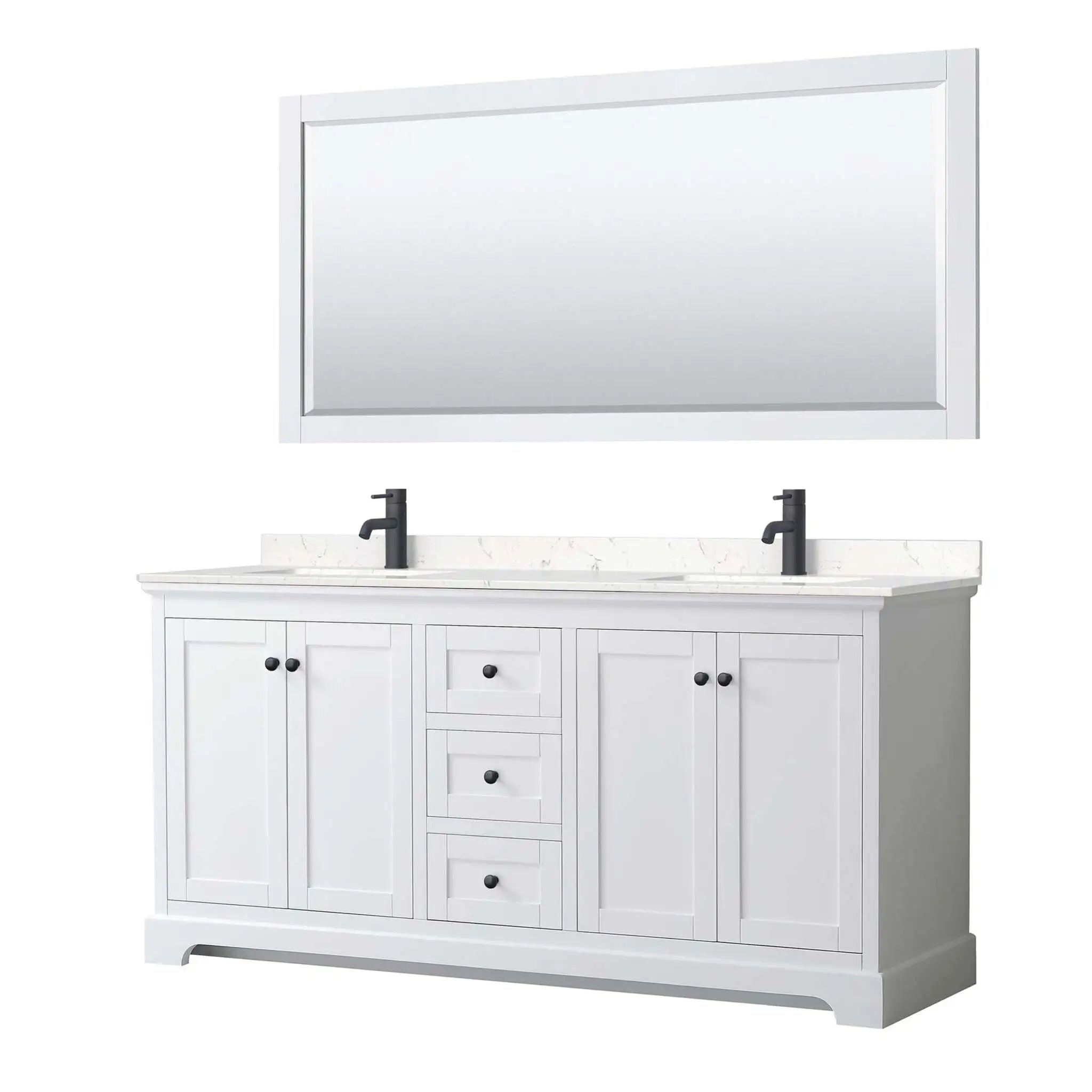 72" Avery Double Bathroom Vanity in White with Matte Black Trim & 70" Mirror by Wyndham