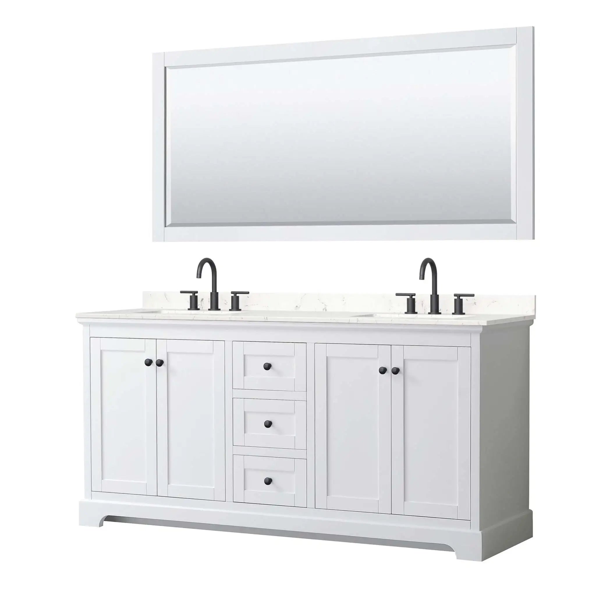 72" Avery Double Bathroom Vanity in White with Matte Black Trim & 70" Mirror by Wyndham
