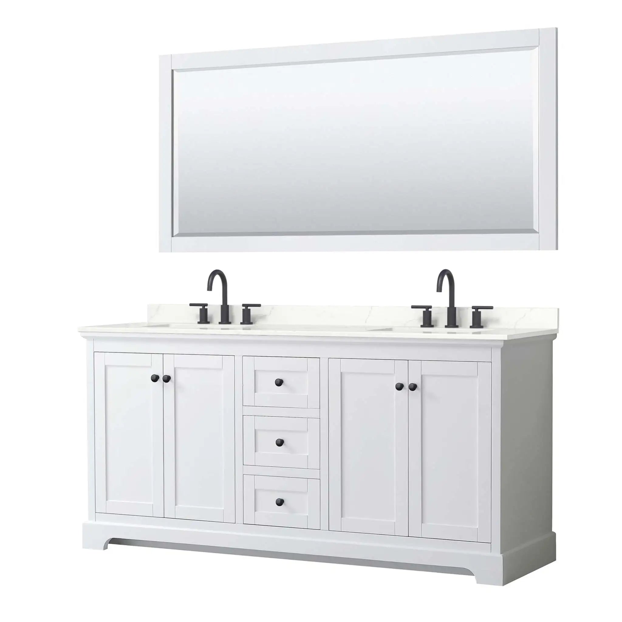 72" Avery Double Bathroom Vanity in White with Matte Black Trim & 70" Mirror by Wyndham