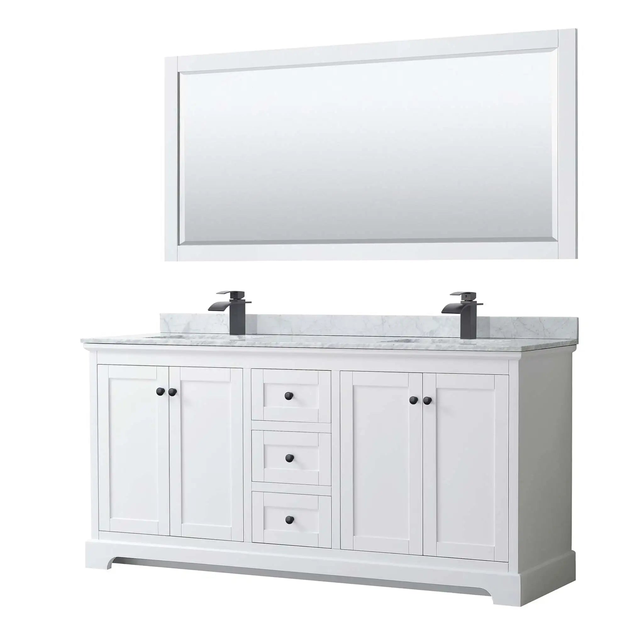 72" Avery Double Bathroom Vanity in White with Matte Black Trim & 70" Mirror by Wyndham
