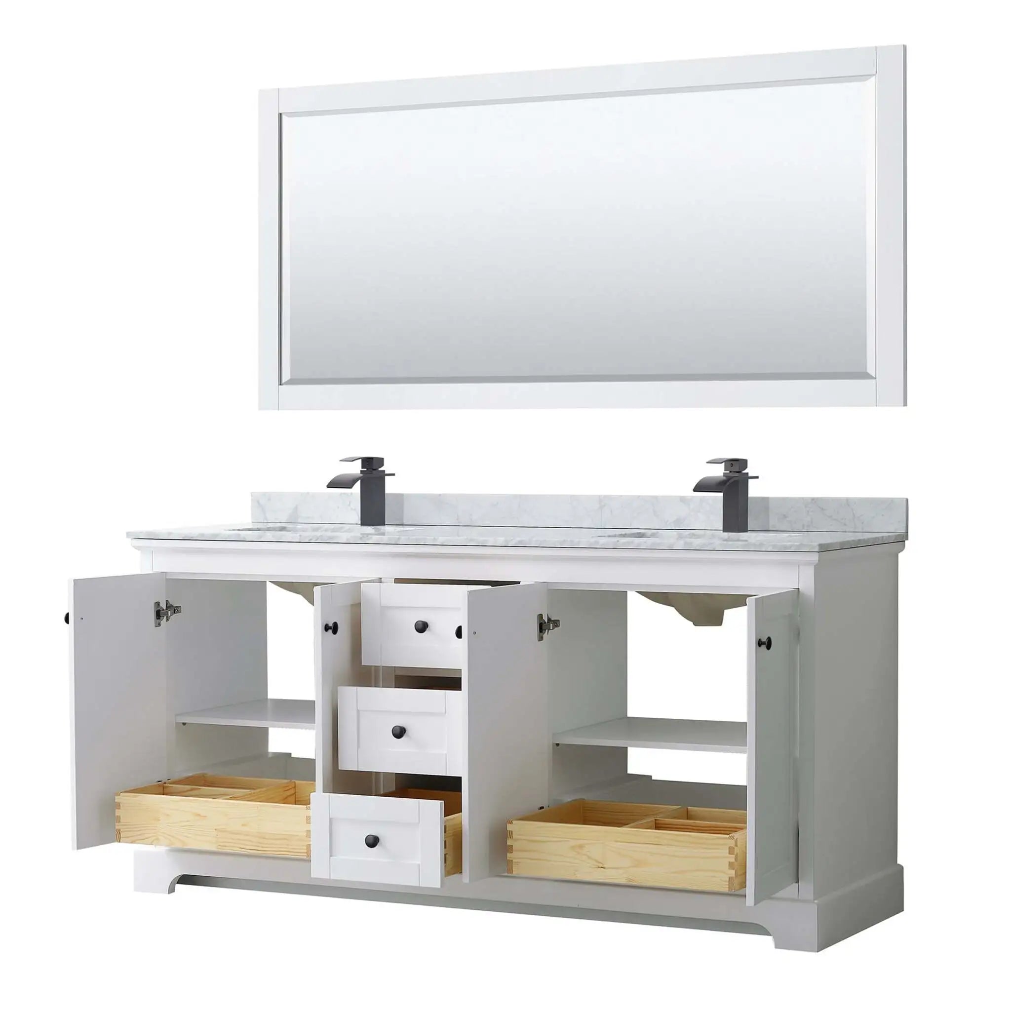 72" Avery Double Bathroom Vanity in White with Matte Black Trim & 70" Mirror by Wyndham