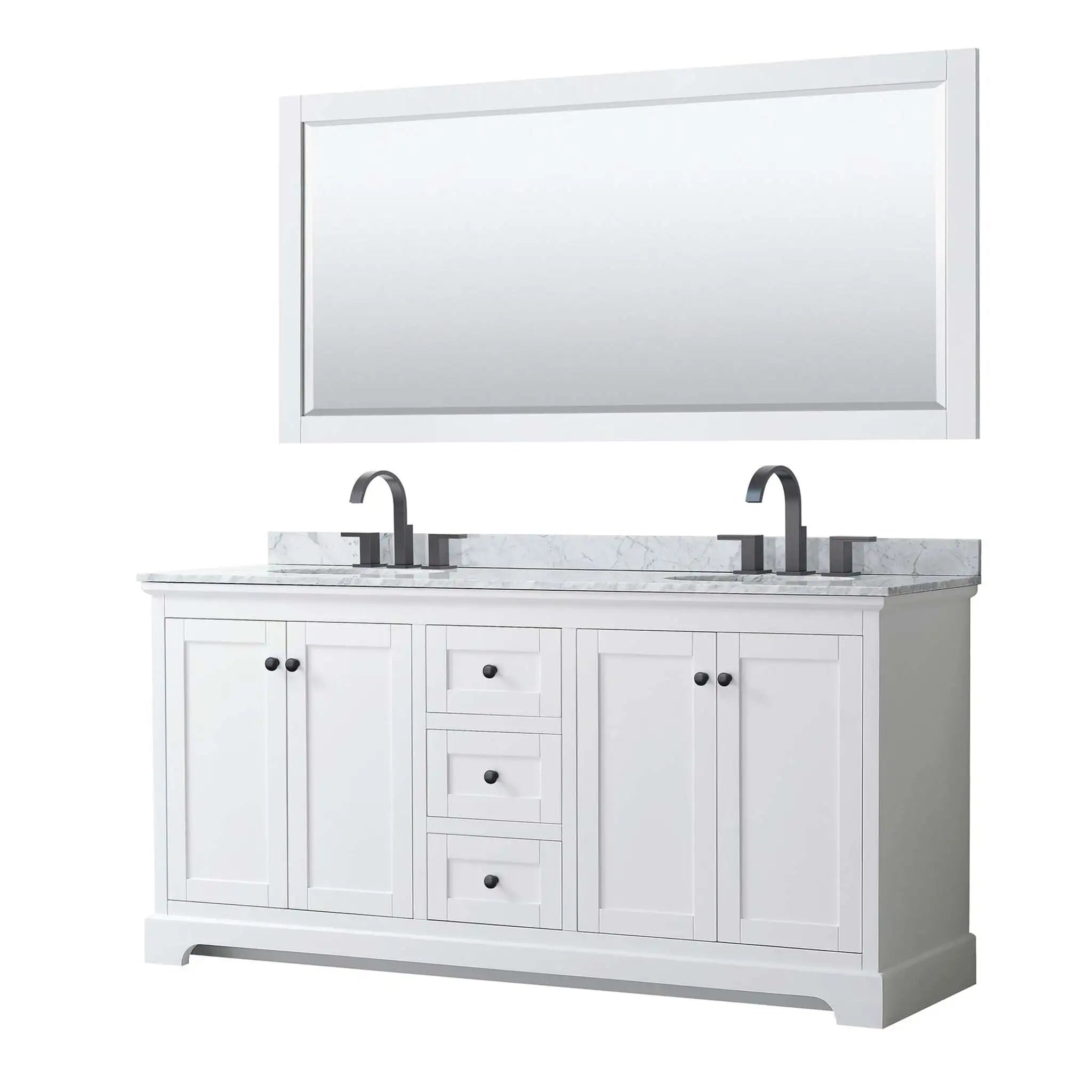 72" Avery Double Bathroom Vanity in White with Matte Black Trim & 70" Mirror by Wyndham