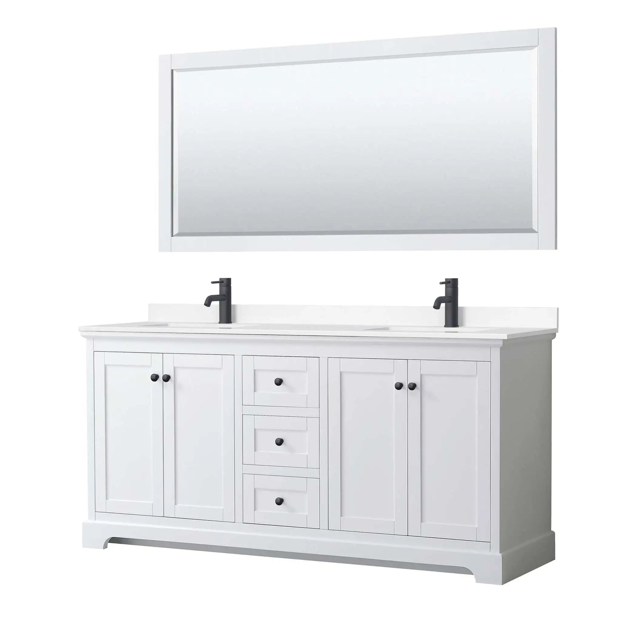 72" Avery Double Bathroom Vanity in White with Matte Black Trim & 70" Mirror by Wyndham