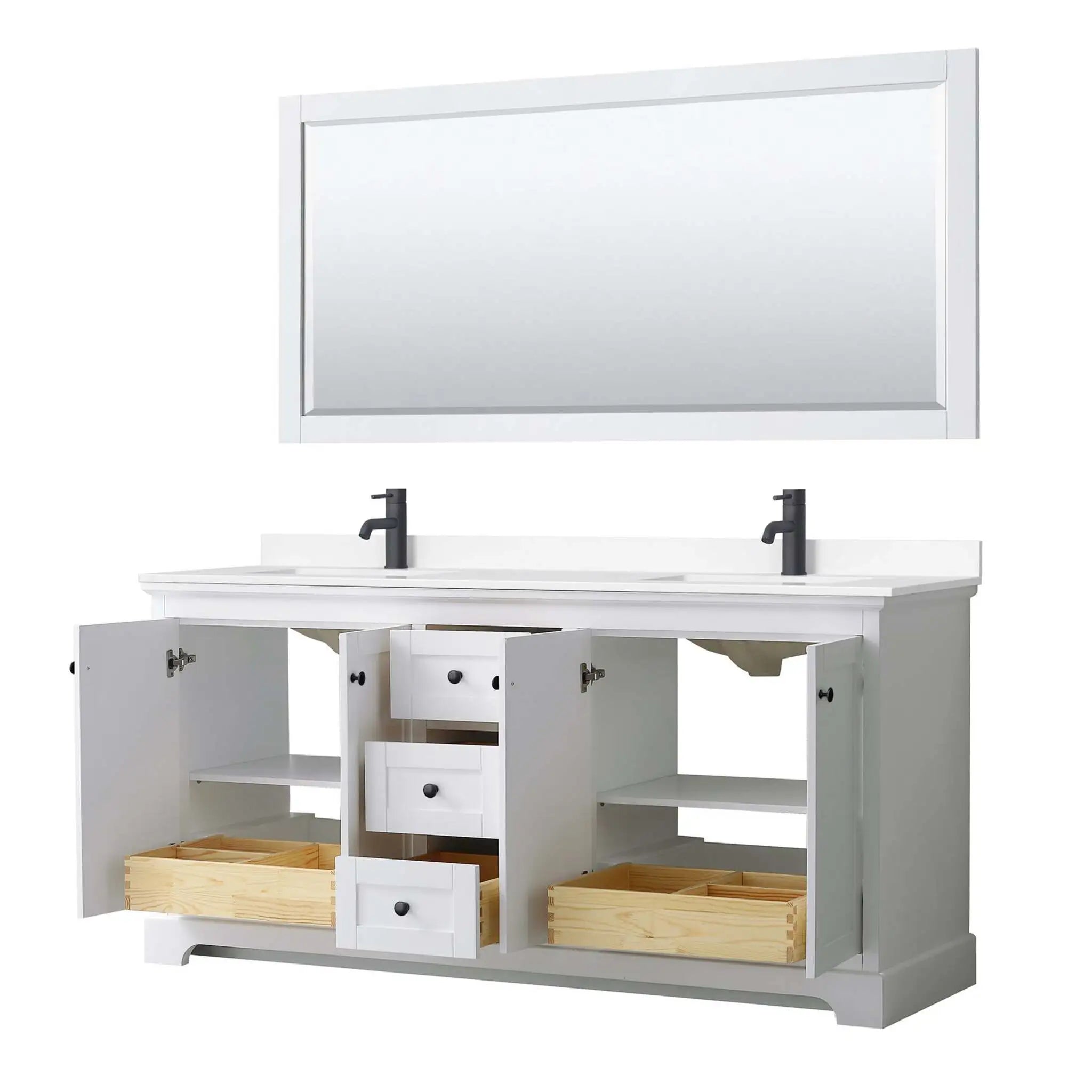 72" Avery Double Bathroom Vanity in White with Matte Black Trim & 70" Mirror by Wyndham