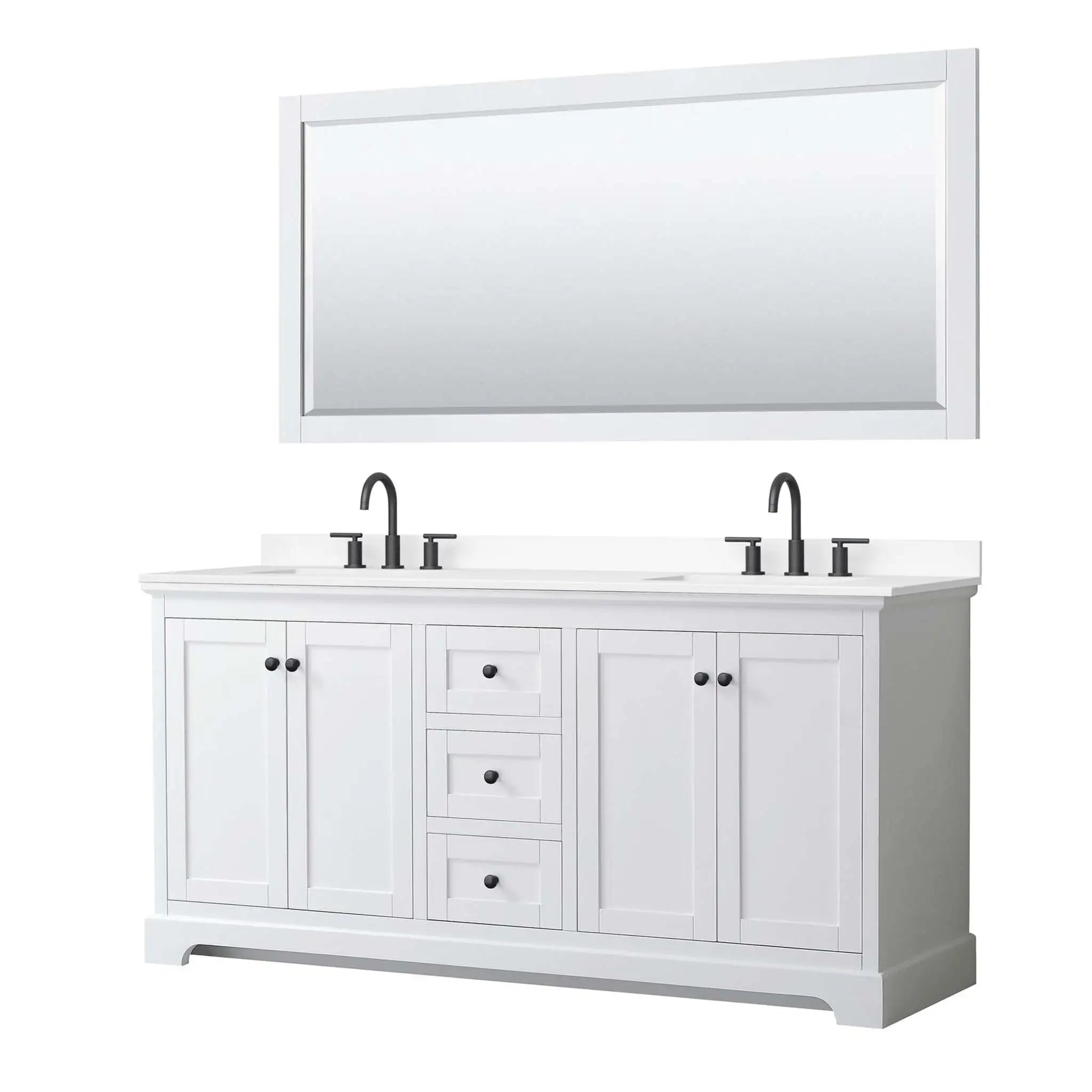 72" Avery Double Bathroom Vanity in White with Matte Black Trim & 70" Mirror by Wyndham
