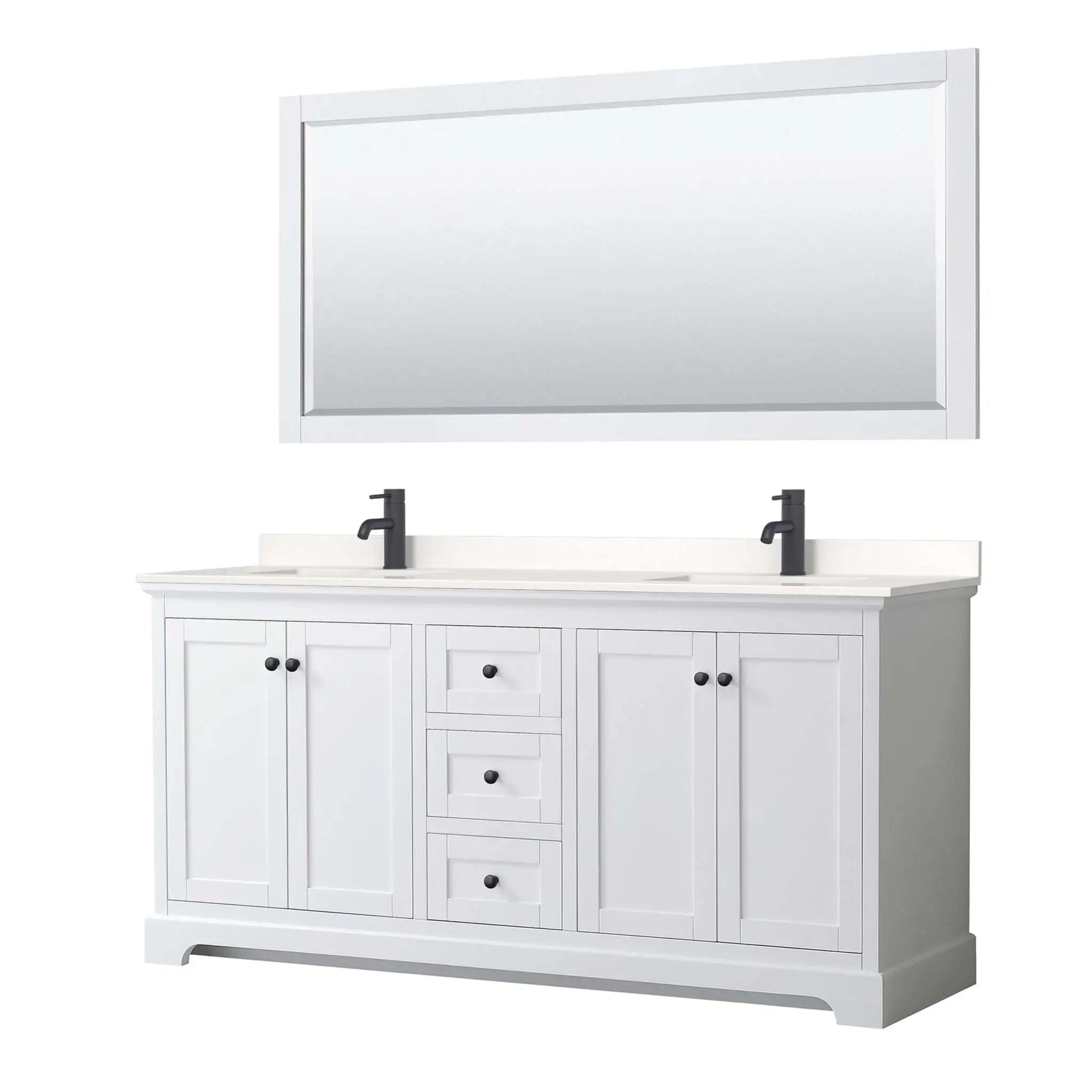 72" Avery Double Bathroom Vanity in White with Matte Black Trim & 70" Mirror by Wyndham