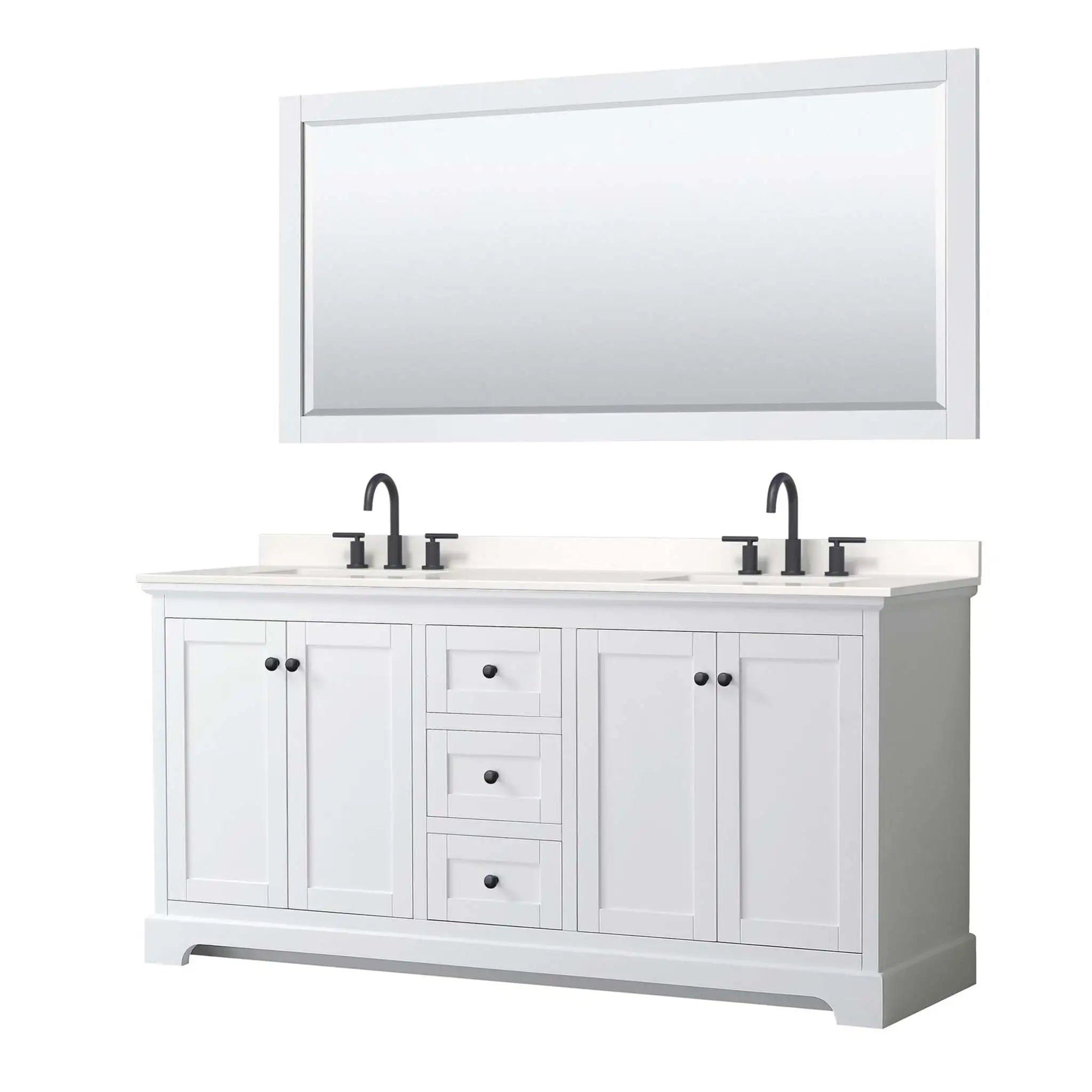 72" Avery Double Bathroom Vanity in White with Matte Black Trim & 70" Mirror by Wyndham