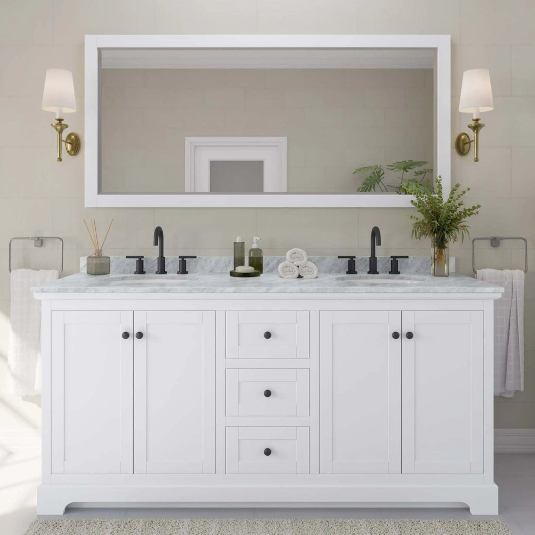 72" Avery Double Bathroom Vanity in White with Matte Black Trim by Wyndham