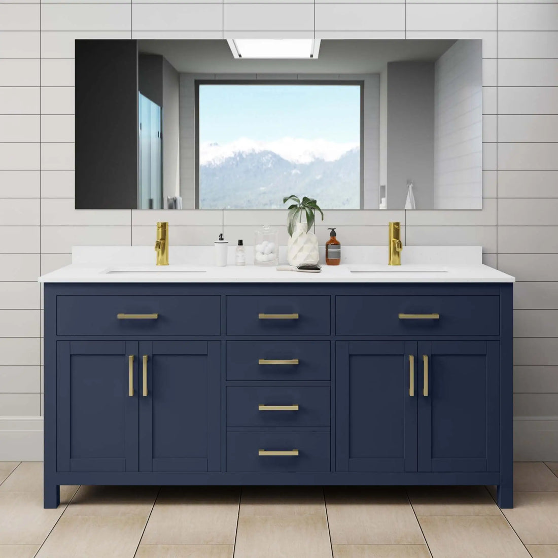 72" Beckett Double Bathroom Vanity in Dark Blue with Brushed Gold Trim by Wyndham