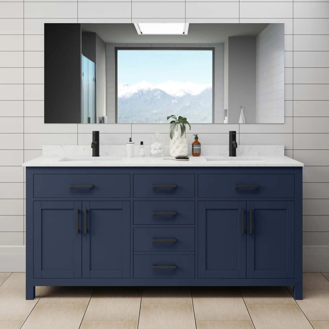 72" Beckett Double Bathroom Vanity in Dark Blue with Matte Black Trim by Wyndham