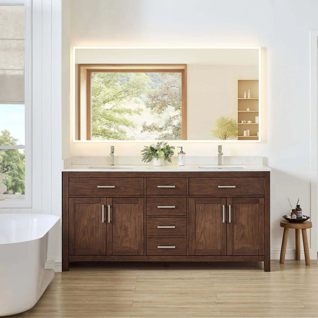 72" Beckett Double Bathroom Vanity in Dark Walnut with Brushed Nickel Trim by Wyndham