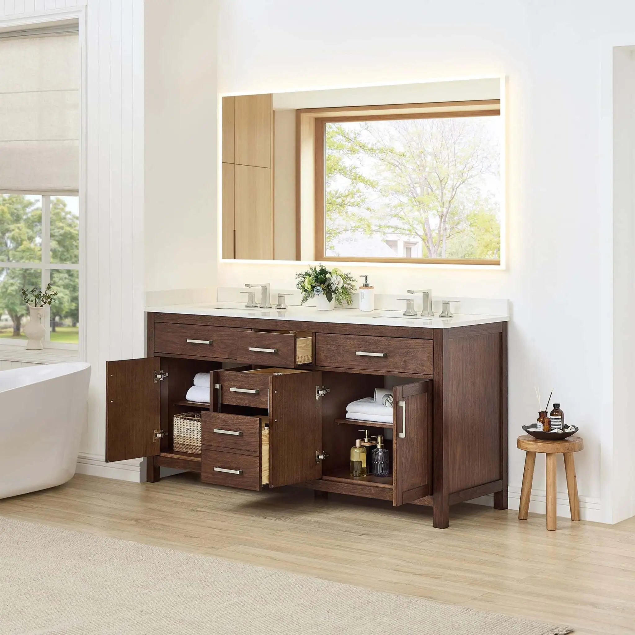 72" Beckett Double Bathroom Vanity in Dark Walnut with Brushed Nickel Trim by Wyndham