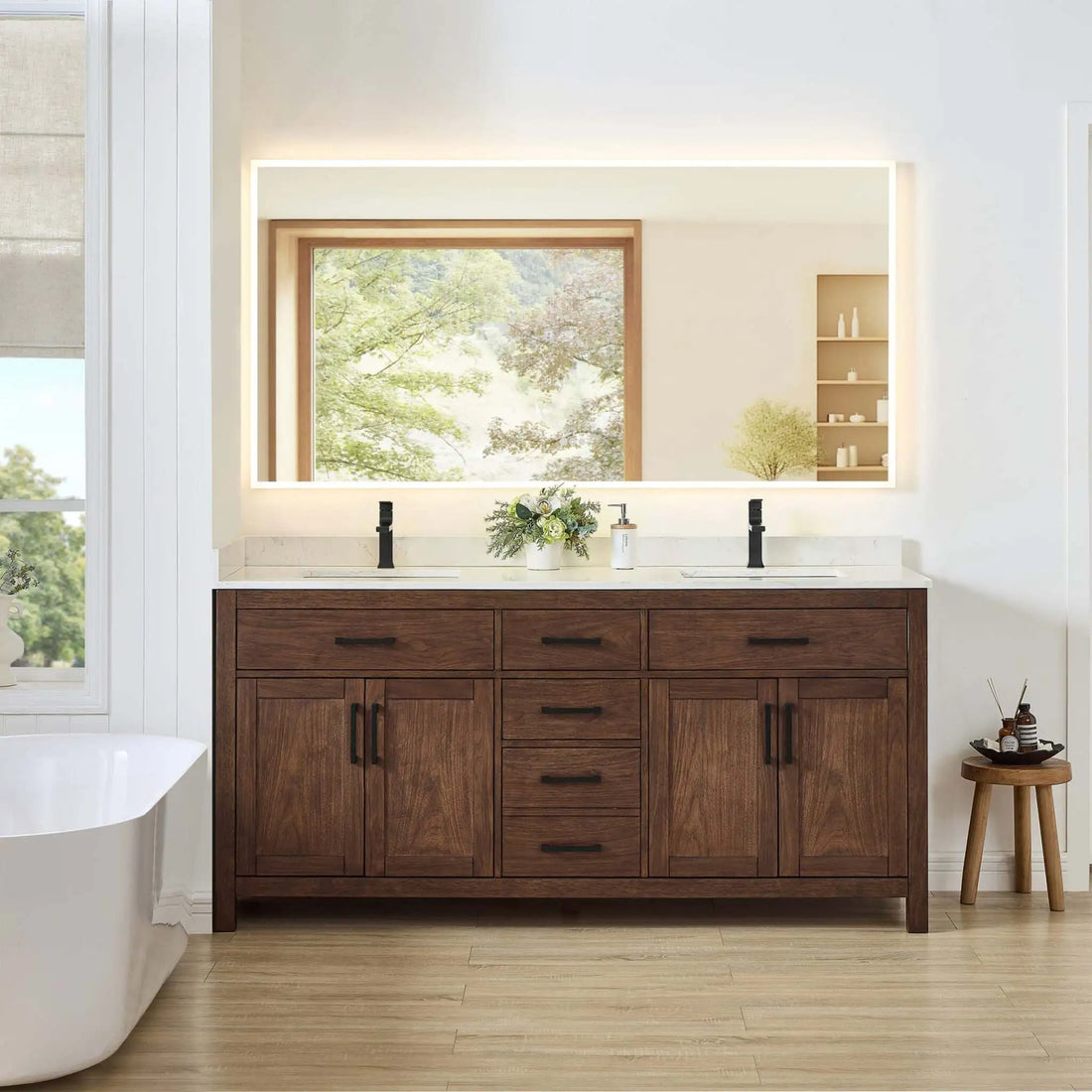 72" Beckett Double Bathroom Vanity in Dark Walnut with Matte Black Trim by Wyndham